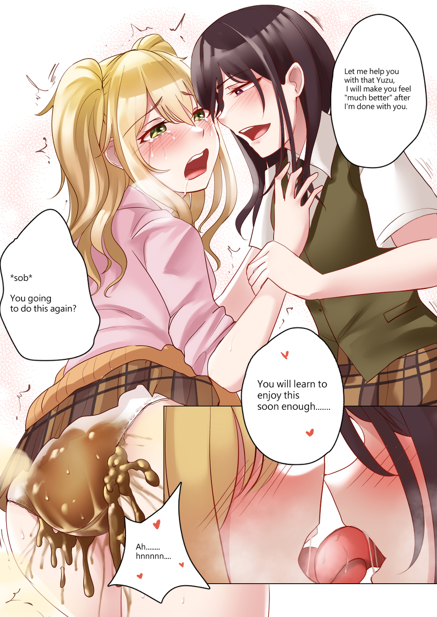 2girls aihara_mei aihara_yuzu black_hair blonde_hair blush citrus_(saburouta) comic crying fart fart_cloud female female_only femdom femsub french_kiss green_eyes humiliated messing multiple_girls panties scat shitting shumiao skirt soiling stomach_noises text_bubble trembling yuri