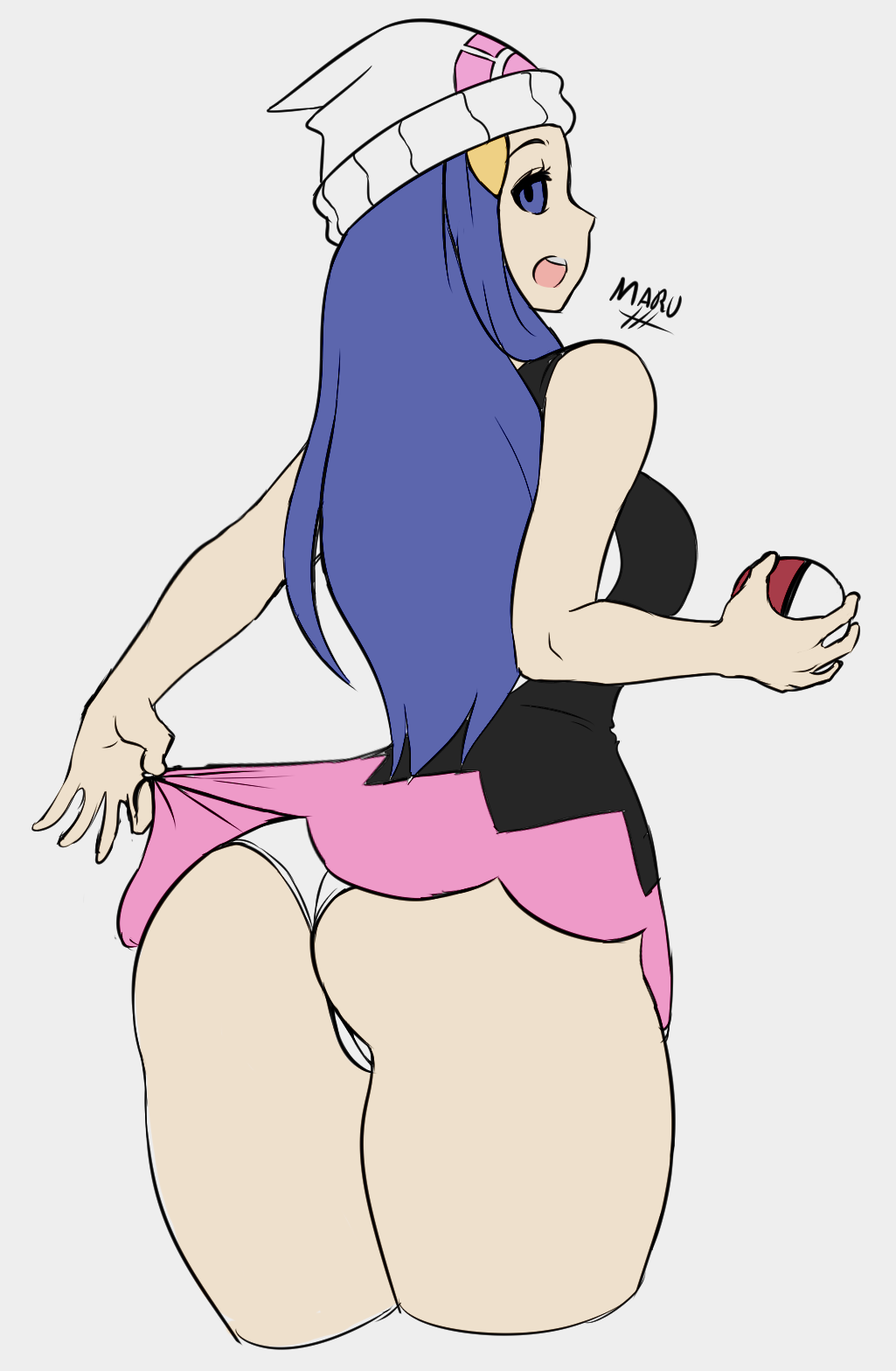 1girls ass big_ass dawn_(pokemon) eye_contact female female_only hat holding_object light-skinned_female light_skin line_art long_hair looking_at_viewer looking_back maruzyrukun nintendo pale-skinned_female pale_skin panties pokeball pokemon pokemon_dppt sketch skirt skirt_lift solo thick_ass thick_thighs thighs upskirt