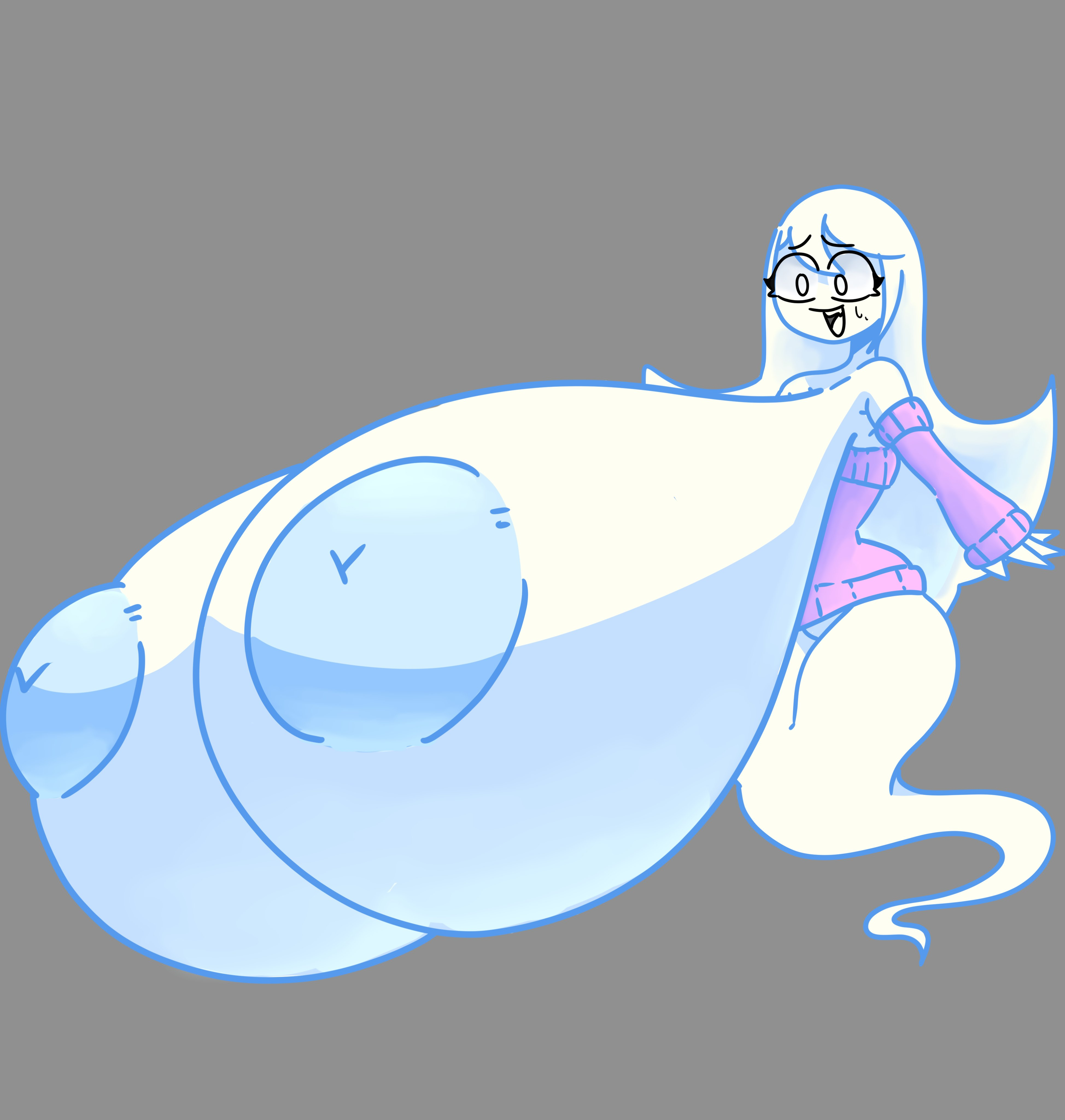 blue nipples, bottomless, breast expansion, breast growth, breast growth (enlargement), breasts, breasts bigger than body, breasts bigger than head, breasts bigger than torso, chounyuu, female, female only, ghost, ghost girl, gigantic breasts, hyper, hyper areola, hyper breasts, inakotho, light skin, light-skinned female, long hair, malica (metaskei), massive breasts, pale skin, pale-skinned female, puffy nipples, shocked, sweat, white hair