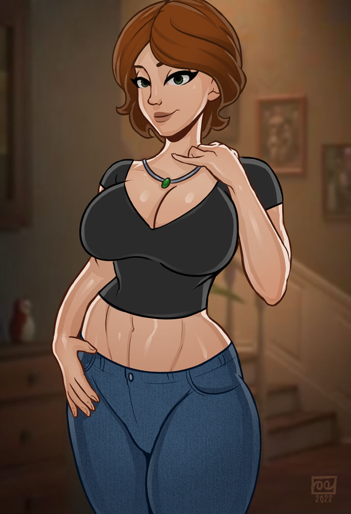 1girls, 2022, artist name, big hero 6, breasts, brown hair, busty, cass hamada, cleavage, disney, female, female focus, female only, fully clothed, green eyes, hazel eyes, jeans, light skin, light-skinned female, looking at viewer, lower body, marvel, marvel comics, midriff, milf, monolithic-sloth, navel, pants, pose, posing, shirt, short hair, smile, solo, upper body