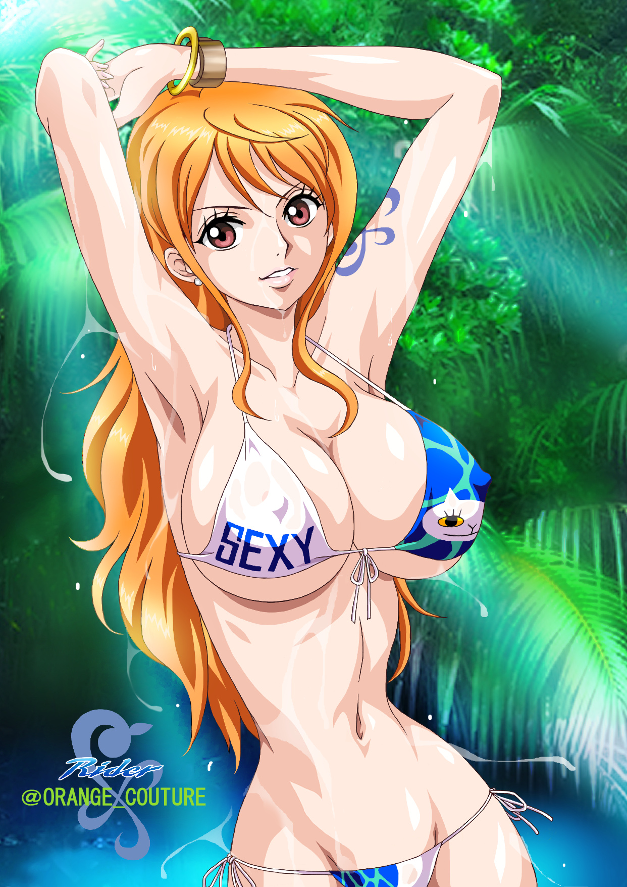 1girls, arm tattoo, arms above head, barefoot, big breasts, bikini, bikini bottom, blue tattoo, breasts, detailed background, erect nipples, erect nipples under bikini, erect nipples under swimsuit, feet out of frame, female, female focus, female only, flower in hair, huge breasts, large breasts, leaves, log pose, long hair, midriff, nami (one piece), navel, nipple bulge, nipples, one piece, one piece film gold, orange hair, orange-haired female, posing, post-timeskip, purple eyes, raida (j5einmnjp3r49k6), seductive, shoulder tattoo, shounen jump, skimpy bikini, solo, tattoo, tattoo on arm, tattooed arm, thin waist, v, water, wet, wet body