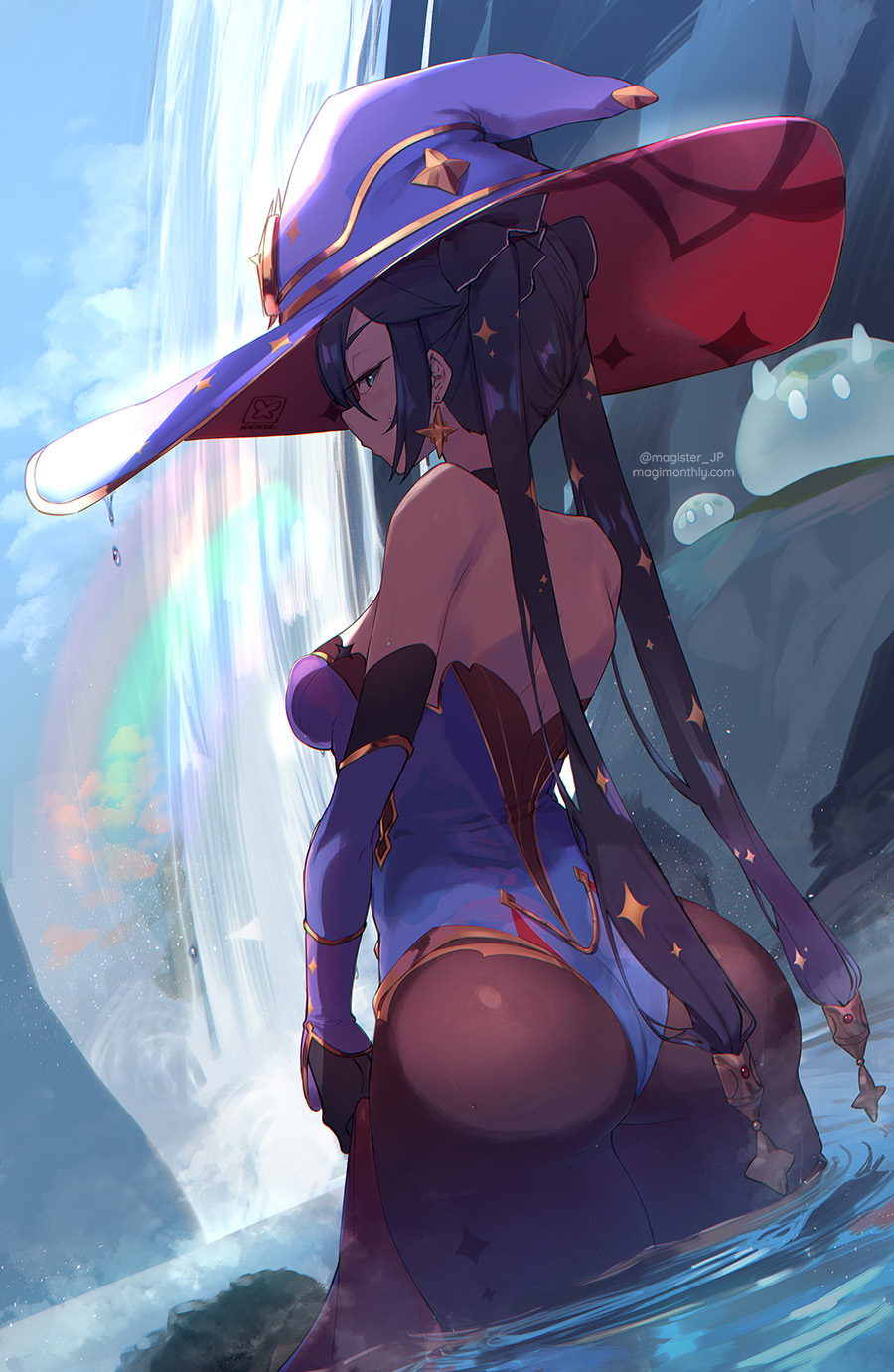 1girls, 2022, ass, ass focus, ass shot, back, back view, black hair, breasts, bubble ass, bubble butt, female, female only, genshin impact, hat, highleg leotard, hips, huge ass, large hat, leotard, long hair, magister (bigbakunyuu), medium breasts, mona (genshin impact), slim waist, thick thighs, thighs, twintails, wide hips, witch hat