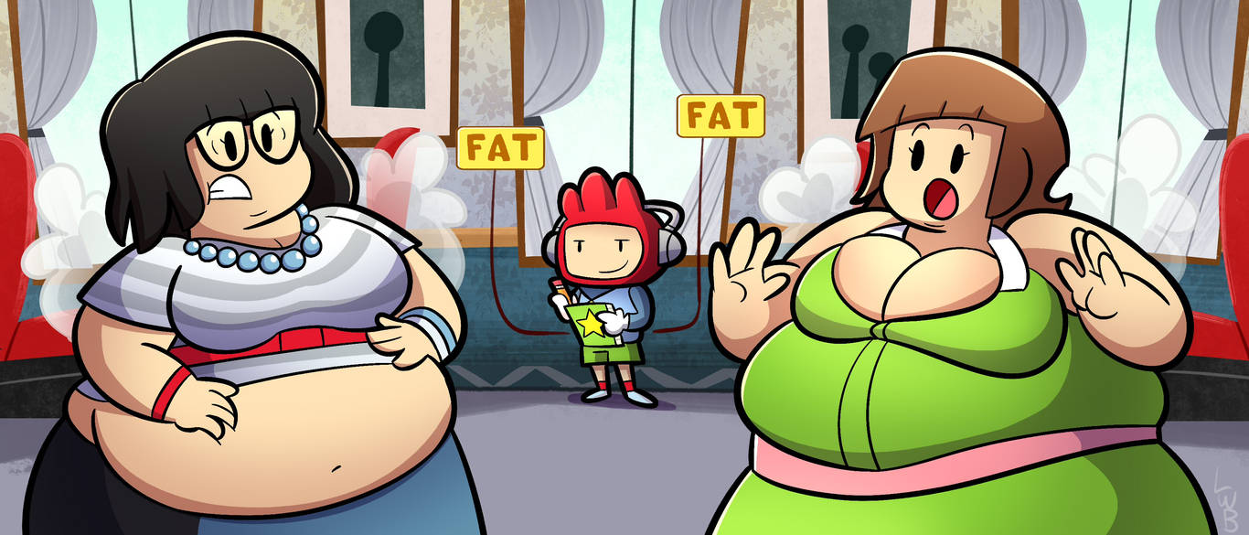 1boy 2girls belly black_hair breasts brown_hair fat fat_female fat_woman female glasses lolwutburger lwbafterdark male maxwell_(scribblenauts) multiple_girls notebook overweight overweight_female pencil scribblenauts weight_gain