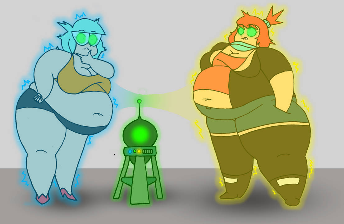 2girls attribute_swap big_belly big_breasts boots energy_beam female female_only glasses glowing_eyes green_hair hairtie heels machine overweight overweight_female red_hair skirt thick_thighs weight_gain weight_loss