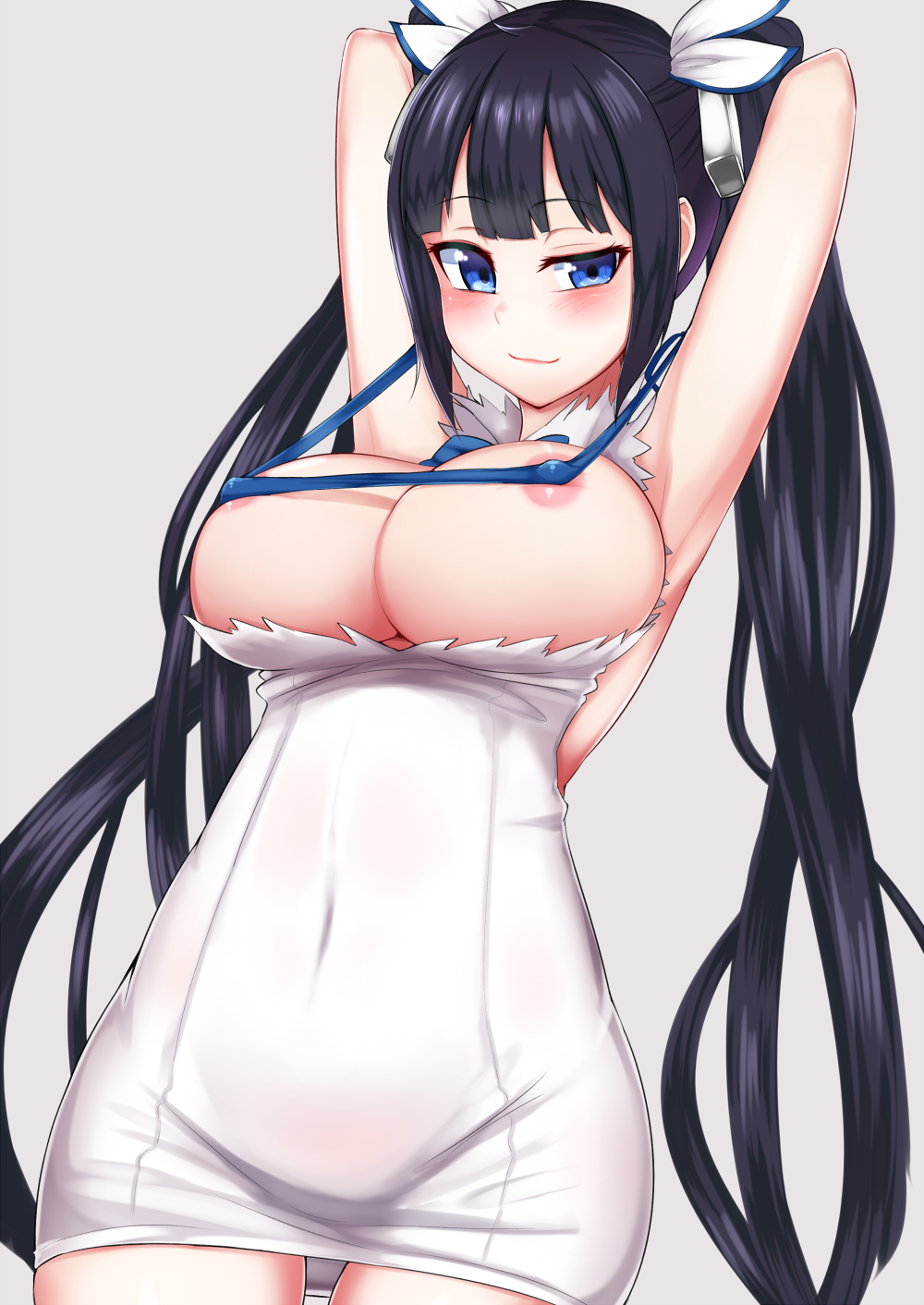 areolae arm_ribbon arms_up black_hair blue_eyes blue_ribbon blush breasts commentary_request covered_nipples dress dungeon_ni_deai_wo_motomeru_no_wa_machigatteiru_darou_ka female gloves hair_ornament hestia_(danmachi) highres kusahagane large_breasts long_hair pencil_dress rei_no_himo ribbon simple_background smile solo twintails white_dress white_gloves