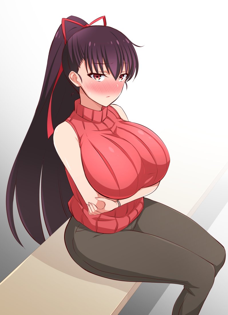 arms_crossed arms_crossed_under_breasts big_breasts blush breasts crossed_arms gabayo huge_breasts large_breasts looking_at_viewer ponytail red_eyes red_sweater red_topwear sitting sleeveless sleeveless_sweater sleeveless_turtleneck solo solo_female turtleneck turtleneck_sweater