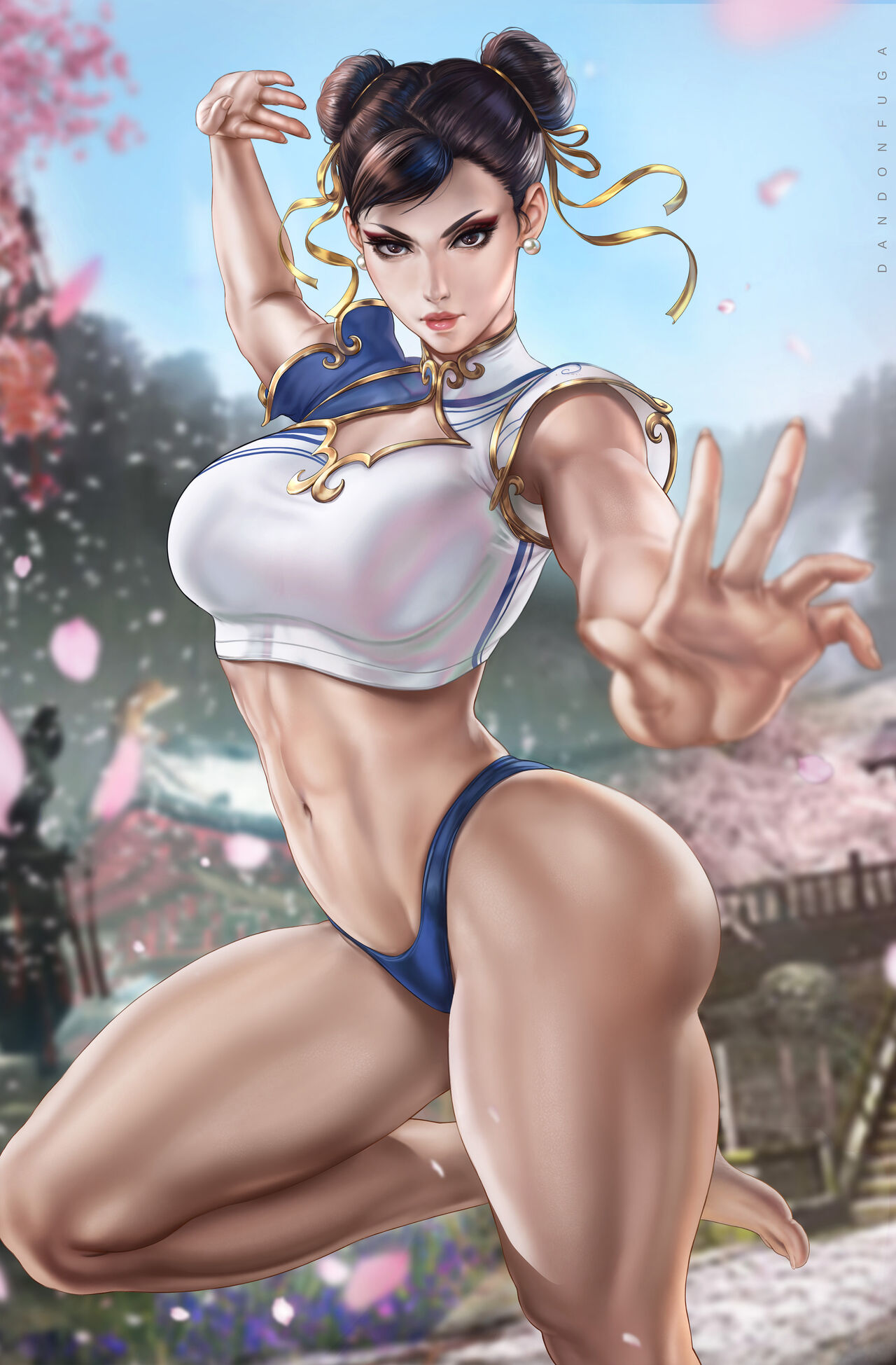 1girls bangle big_ass big_breasts black_eyes blue_sky boob_window bracelet breasts bridge brown_hair capcom cherry_blossoms chun-li cleavage cleavage_cutout clothing_cutout dandon_fuga double_bun earrings eyeshadow female female_only hair_bun hair_ribbon highres jewelry knee_up large_breasts lipstick looking_at_viewer makeup muscular muscular_female outdoors palms pearl_earrings petals ribbon short_sleeves sky smirk solo standing standing_on_one_leg street_fighter street_fighter_6 thick_thighs thong thunder_thighs tree yellow_ribbon