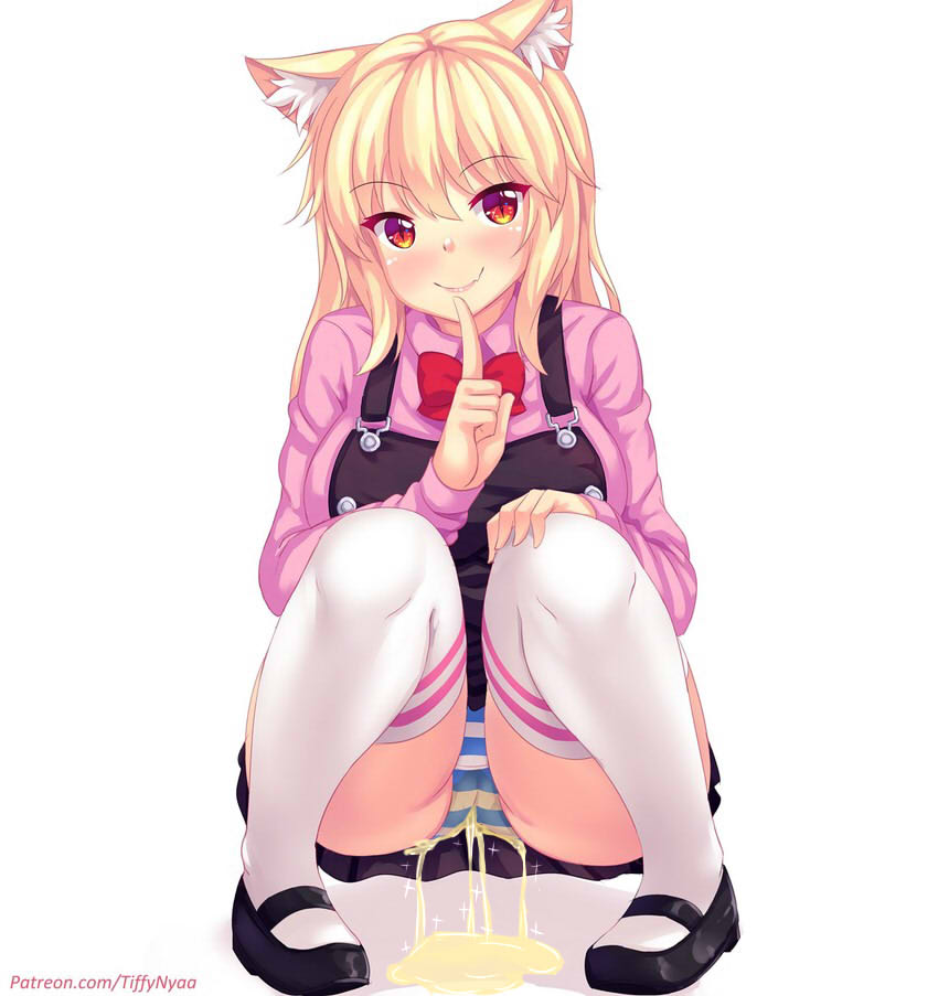 blue_panties casual_wetting cat_ears catgirl intentional_pants_wetting looking_at_viewer needs_tags overalls pantyshot pee_puddle pee_stain peeing peeing_self puddle shimapan smiling striped_panties tagme tiffy tiffynyaa upskirt wet_spot