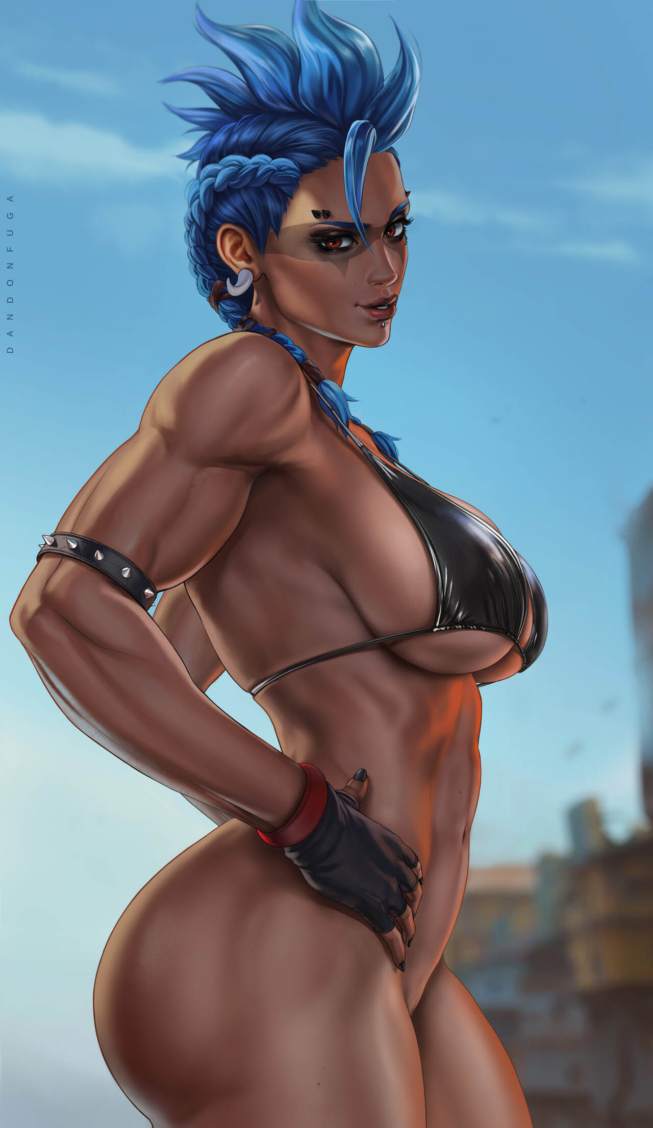 1girls 2d ass big_ass big_breasts bikini_top black_nails blizzard_entertainment blue_hair bottomless breasts dandon_fuga dark-skinned_female earrings female female_focus female_only fingerless_gloves fit fit_female junker_queen large_breasts looking_at_viewer muscular muscular_female odessa_stone overwatch overwatch_2 piercing red_eyes solo solo_female solo_focus swimsuit thick_thighs toned toned_female torn_clothes torso