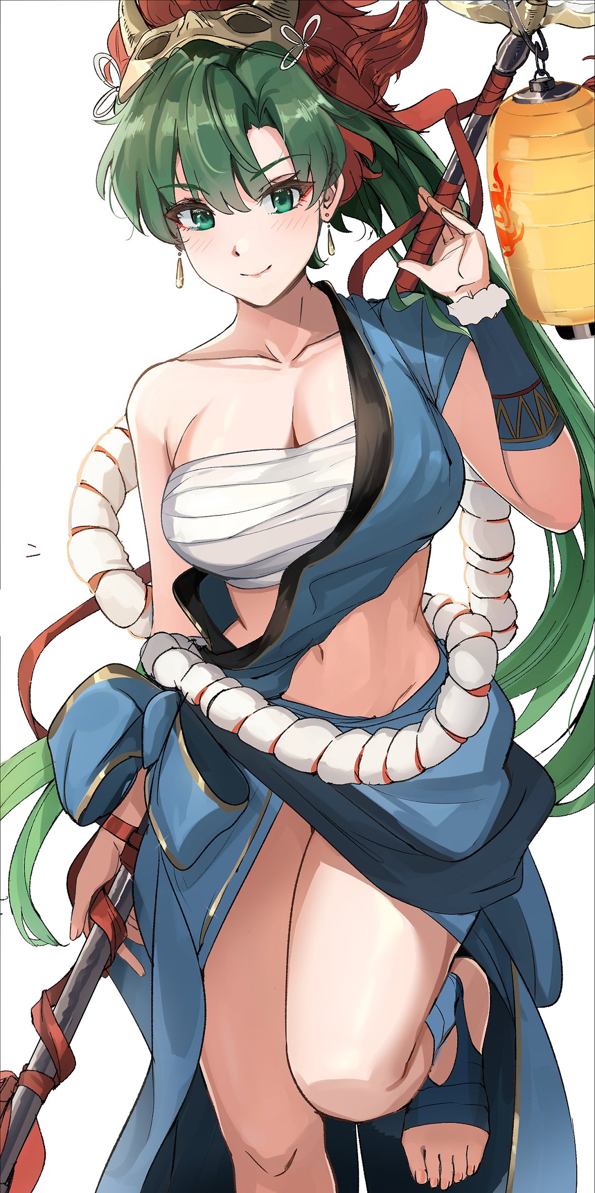 1girls alternate_costume bangs bare_shoulders blush breasts cleavage collarbone female female_only fire_emblem fire_emblem:_the_blazing_blade fire_emblem_heroes green_eyes green_hair highres large_breasts light-skinned_female long_hair looking_at_viewer lyn_(fire_emblem) lyn_(flame)_(fire_emblem) navel nintendo official_alternate_costume ormille pale-skinned_female ponytail revealing_clothes smile solo solo_female thighhighs thighs very_long_hair white_background