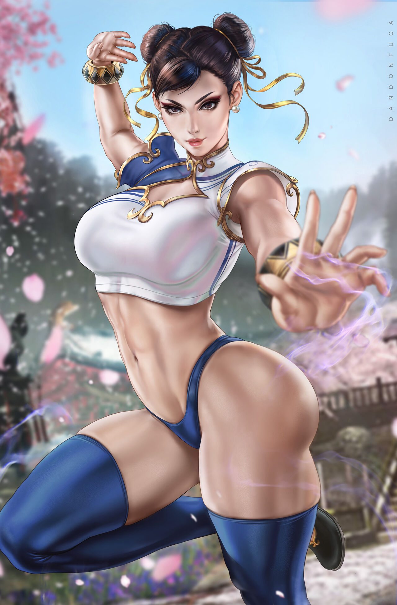 1girls bangle big_ass big_breasts black_eyes black_footwear blue_sky boob_window bracelet breasts bridge brown_hair capcom cherry_blossoms chun-li cleavage cleavage_cutout clothing_cutout dandon_fuga double_bun earrings eyeshadow female female_only hair_bun hair_ribbon highres jewelry knee_up large_breasts leggings lipstick looking_at_viewer makeup muscular muscular_female outdoors palms pearl_earrings petals ribbon short_sleeves sky smirk solo standing standing_on_one_leg stockings street_fighter street_fighter_6 thick_thighs thighhighs thong thunder_thighs tree yellow_ribbon