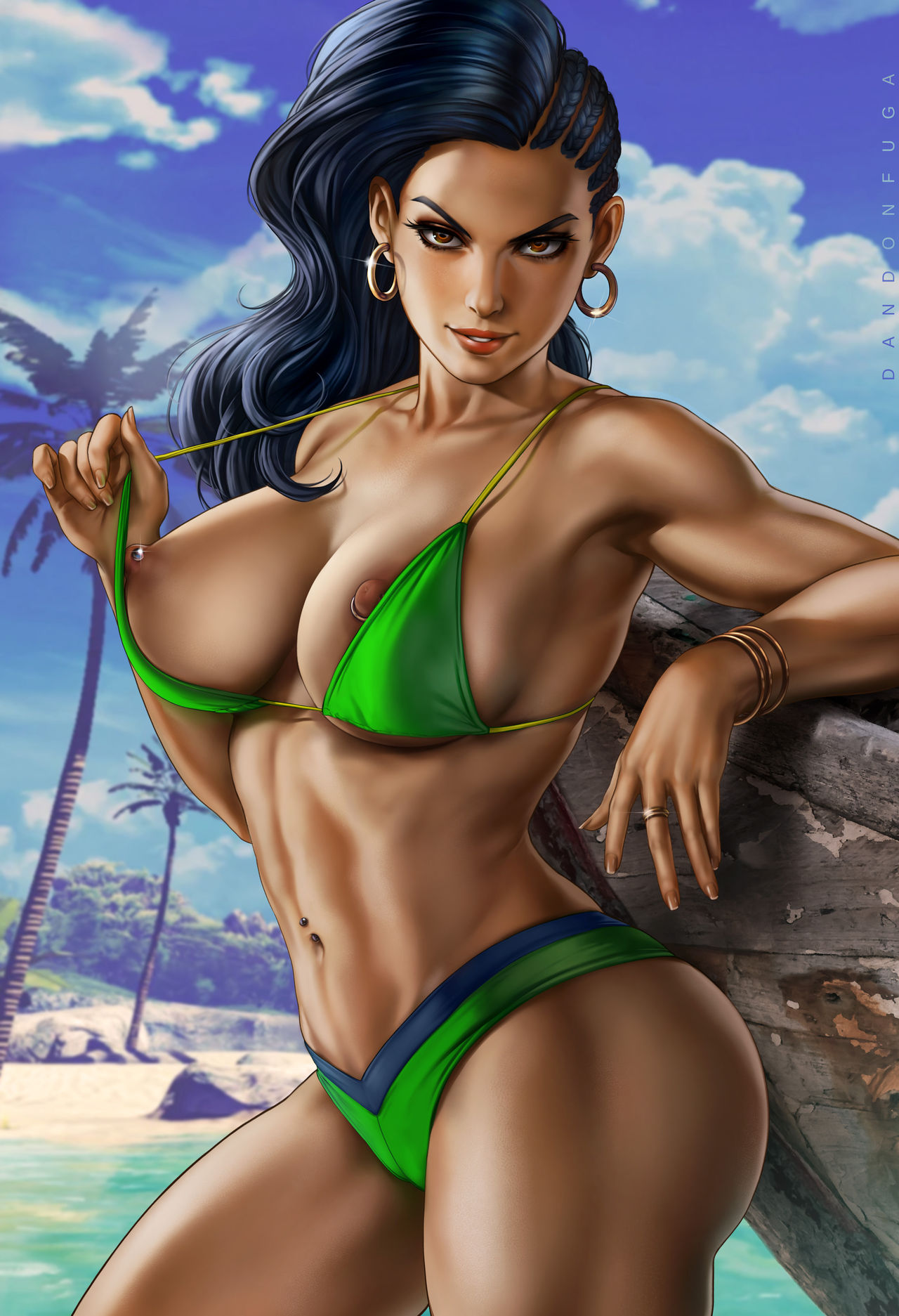 1girls abs areola_slip areolae armpits ass beach belly_button_piercing big_ass big_breasts bikini bikini_pull bikini_top black_hair bracelet bracelets brazilian brazilian_female breasts brown_eyes capcom clothed clothing dandon_fuga dark-skinned_female dark_skin earrings female female_only golden_bracelet golden_earrings green_bra green_panties human human_only jewelry large_breasts latina laura_matsuda long_hair looking_at_viewer muscle muscle_tone muscular muscular_female navel nipple_piercing palm_tree pierced_belly_button pierced_nipples pov redbone ring smile solo solo_female solo_focus standing street_fighter street_fighter_v swimsuit thick_thighs