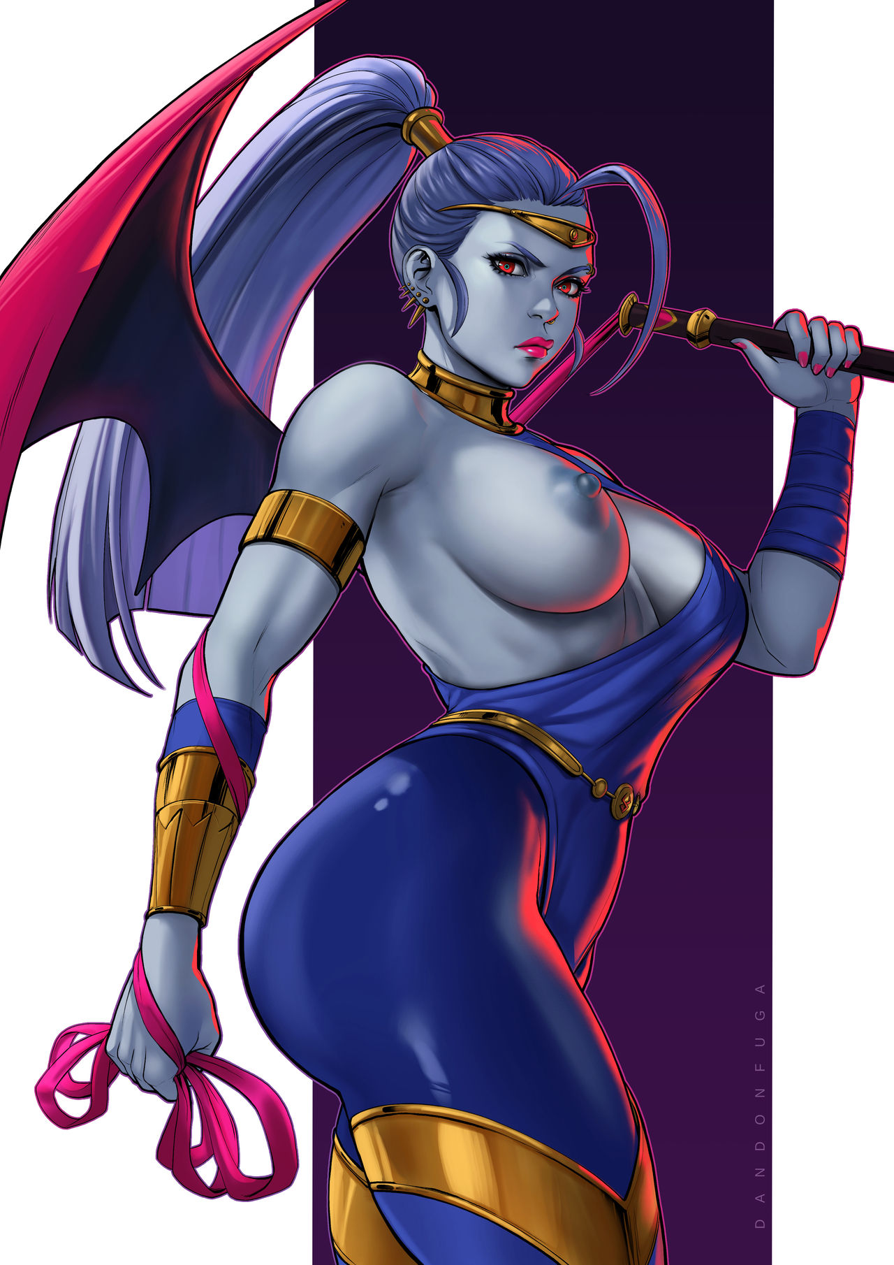 1girls, 2d, 2d (artwork), big breasts, breasts, breasts out, cleavage, dandon fuga, exposed breasts, female, female only, grey skin, hades (game), large breasts, leotard, lipstick, looking at viewer, megaera (hades), nipples, one breast out, solo, thick thighs, whip, wide hips