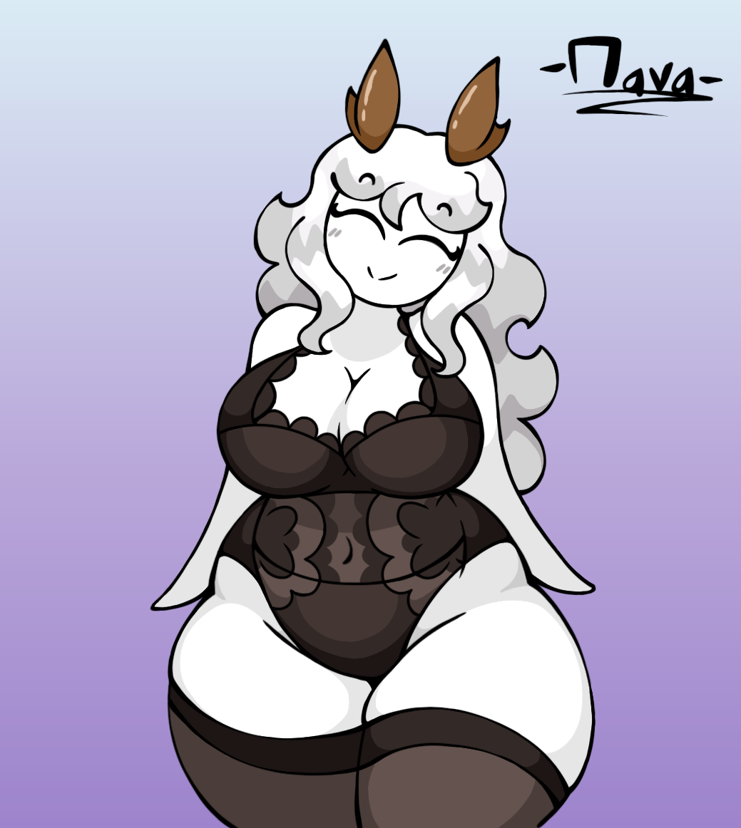 big_ass big_breasts big_butt big_thighs demon demon_girl demon_horns happy_female horns kay_(srnava) milf oc srnava underwear white_hair white_skin