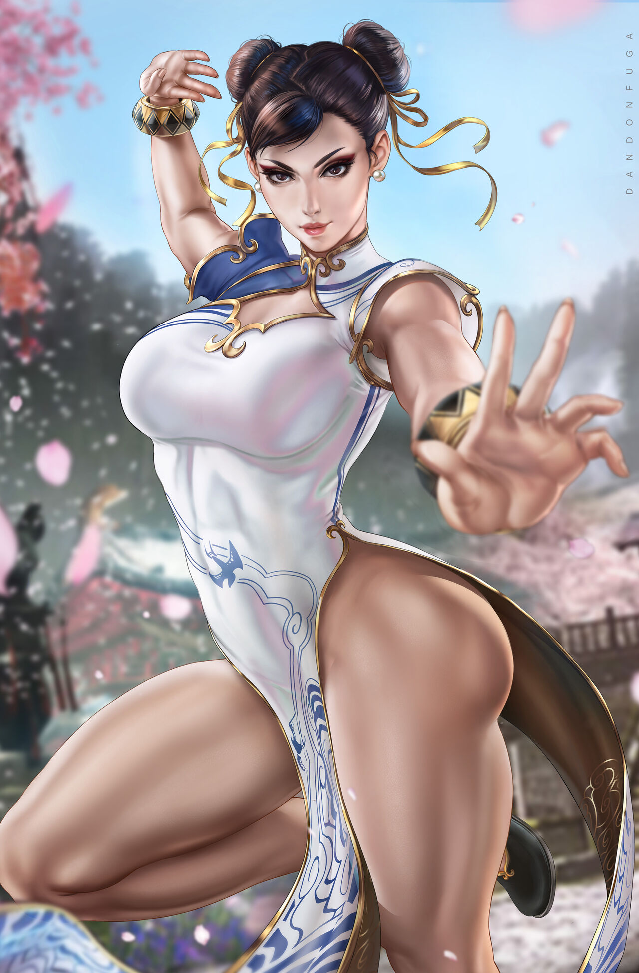 1girls bangle big_ass big_breasts black_eyes black_footwear blue_sky boob_window bracelet breasts bridge brown_hair capcom cherry_blossoms china_dress chinese_clothes chun-li cleavage cleavage_cutout clothing_cutout dandon_fuga double_bun dress earrings eyeshadow female female_only hair_bun hair_ribbon highres jewelry knee_up large_breasts lipstick looking_at_viewer makeup muscular muscular_female outdoors palms pearl_earrings pelvic_curtain petals ribbon short_sleeves sky smirk solo standing standing_on_one_leg street_fighter street_fighter_6 thick_thighs thunder_thighs tree two-tone_dress yellow_ribbon