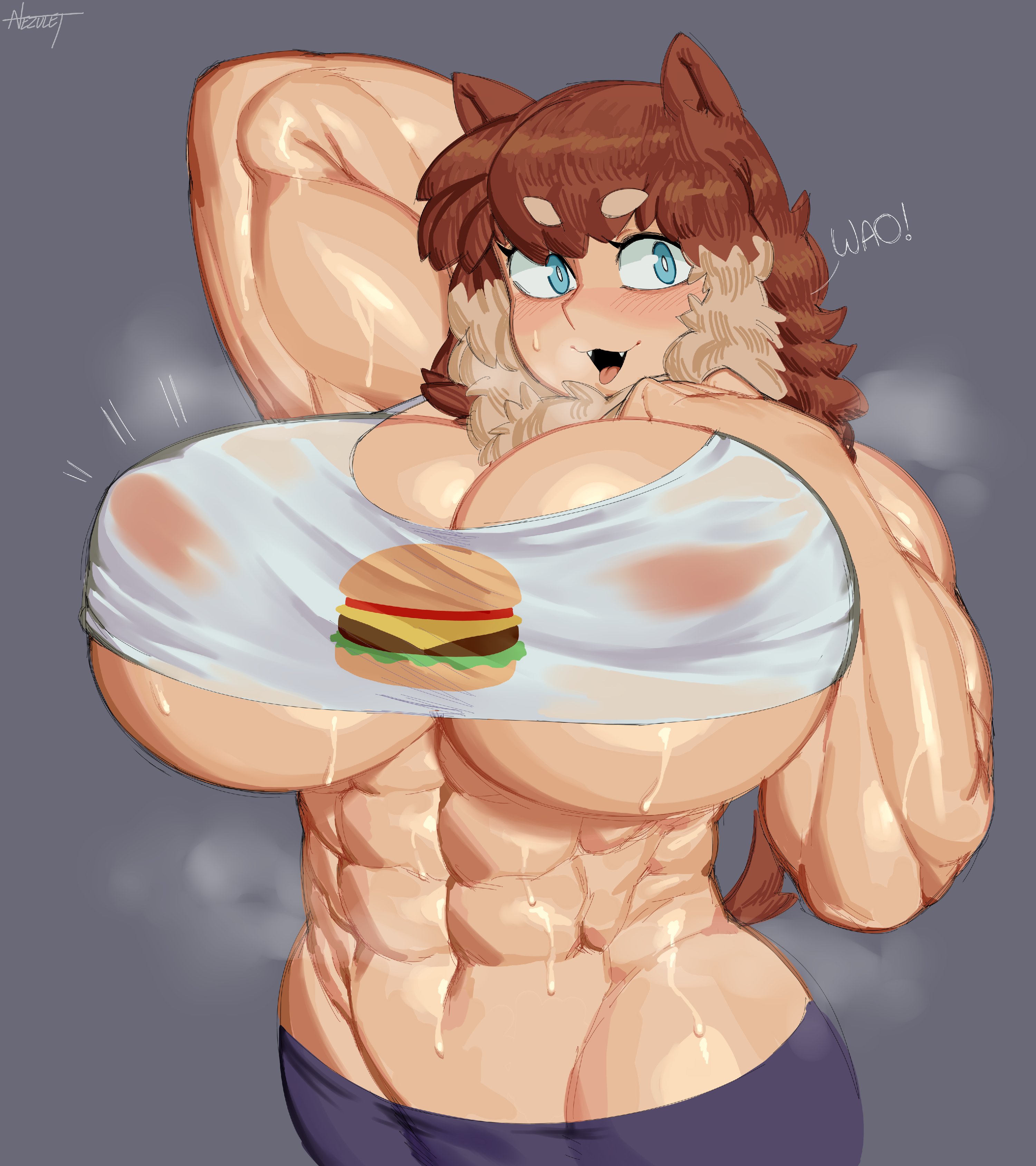 1girls, abs, absurd res, armpits, big breasts, blue eyes, blush, breasts, brown hair, burger, cleavage, dog ears, dog girl, dog tail, fangs, felicia (krekk0v), female, female only, hi res, large breasts, looking at viewer, muscles, muscular, muscular female, nezulet, original, original character, see-through, see-through clothing, solo, sweat, sweaty, sweaty body, thick eyebrows, tomboy, tongue, tongue out, underboob
