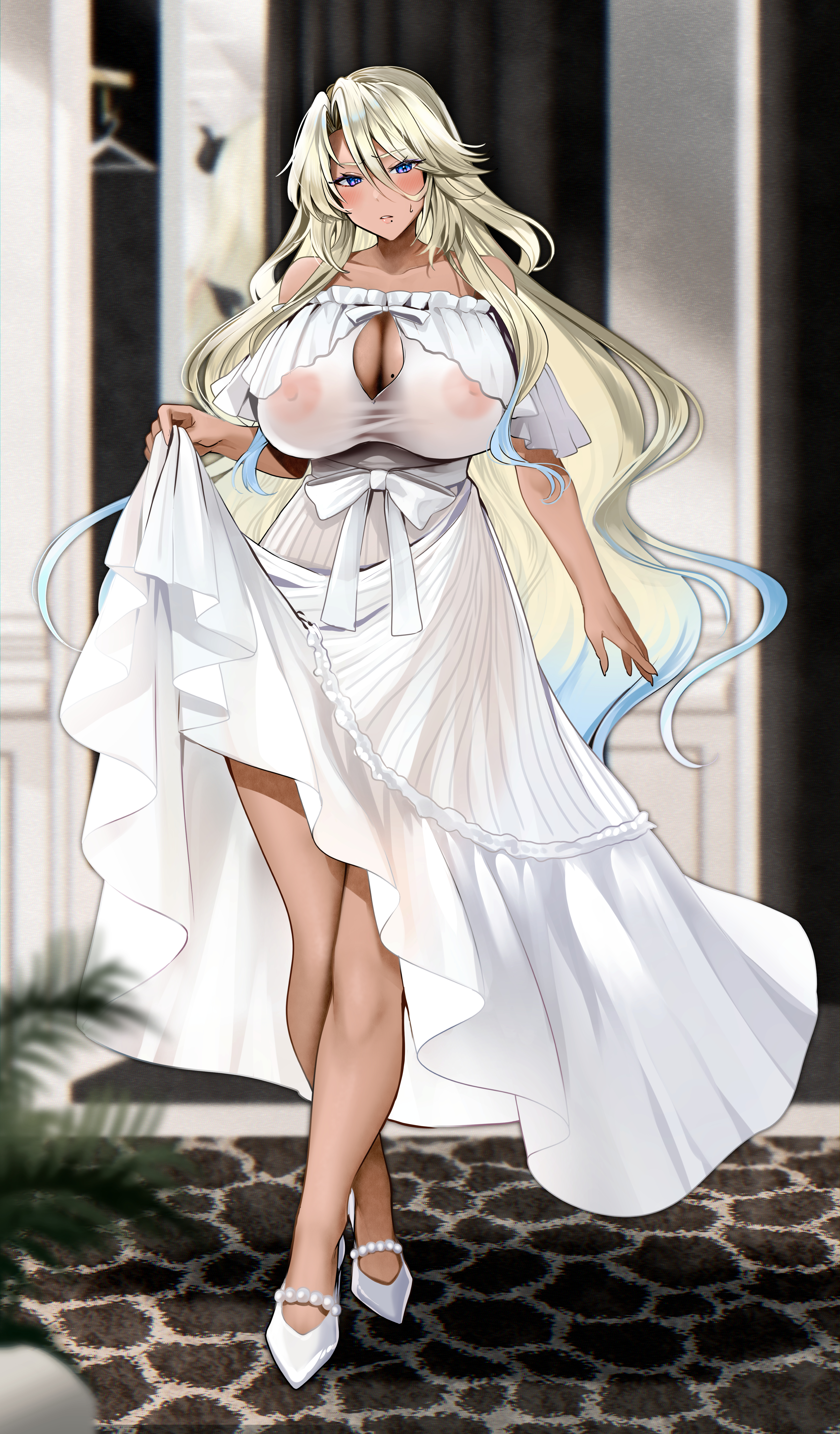 blush, breasts, dark skin, dark-skinned female, female, large breasts, looking at viewer, mole, mole on breast, mole under mouth, nipples, original, purple eyes, see-through, see-through clothing, solo, wedding dress, white dress, yunamaro