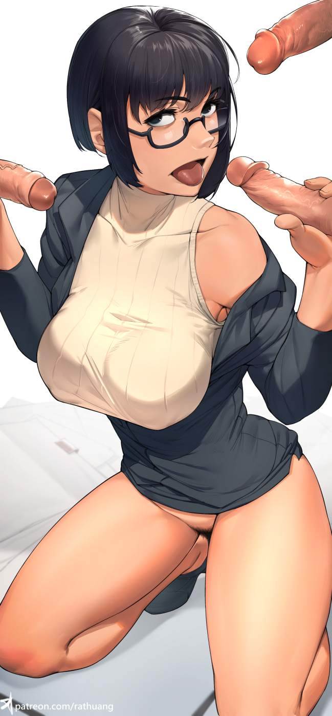 1girls, 3boys, big breasts, blush, bottomless, breasts, clothed female, female, glasses, hairy pussy, handjob, light skin, male, multiple boys, multiple males, multiple penises, original, penis, pubic hair, pussy, rat huang, thick thighs, thighs, tongue, tongue out