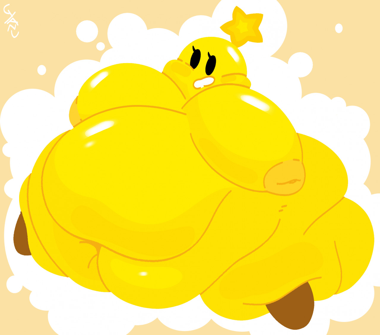 ball with hyper features, big breasts, breasts, cyanu, fat, fat fetish, female, floating, hyper, hyper belly, hyper breasts, mario (series), mario and luigi (series), nintendo, nipples, overweight, overweight female, star, starlow, weight gain