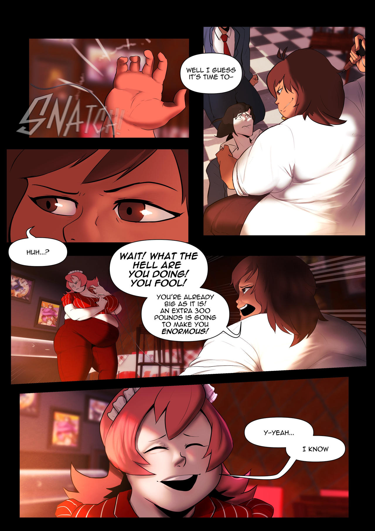 1boy 3girls big_belly big_breasts brown_hair comic comic_page dark-skinned_female dr-black-jack female injection maid_headdress male overweight_female pink_hair speech_bubble thick_thighs