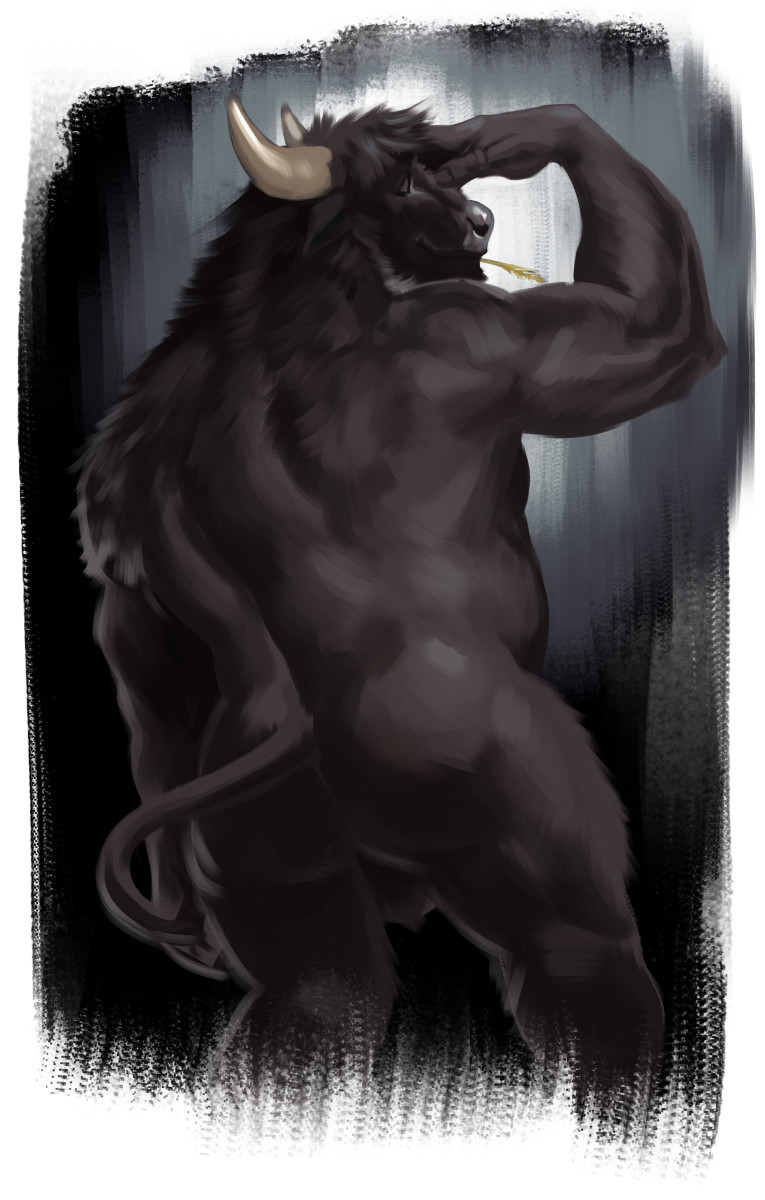 alpha0 anthro ass balls black_body black_fur bovid bovine closed_eyes european_mythology flexing fur genitals greek_mythology hand_on_face hi_res male mammal minotaur minotaur_hotel musclegut muscular muscular_male mythology rear_view smile solo storm_(minotaur_hotel) wheat_in_mouth