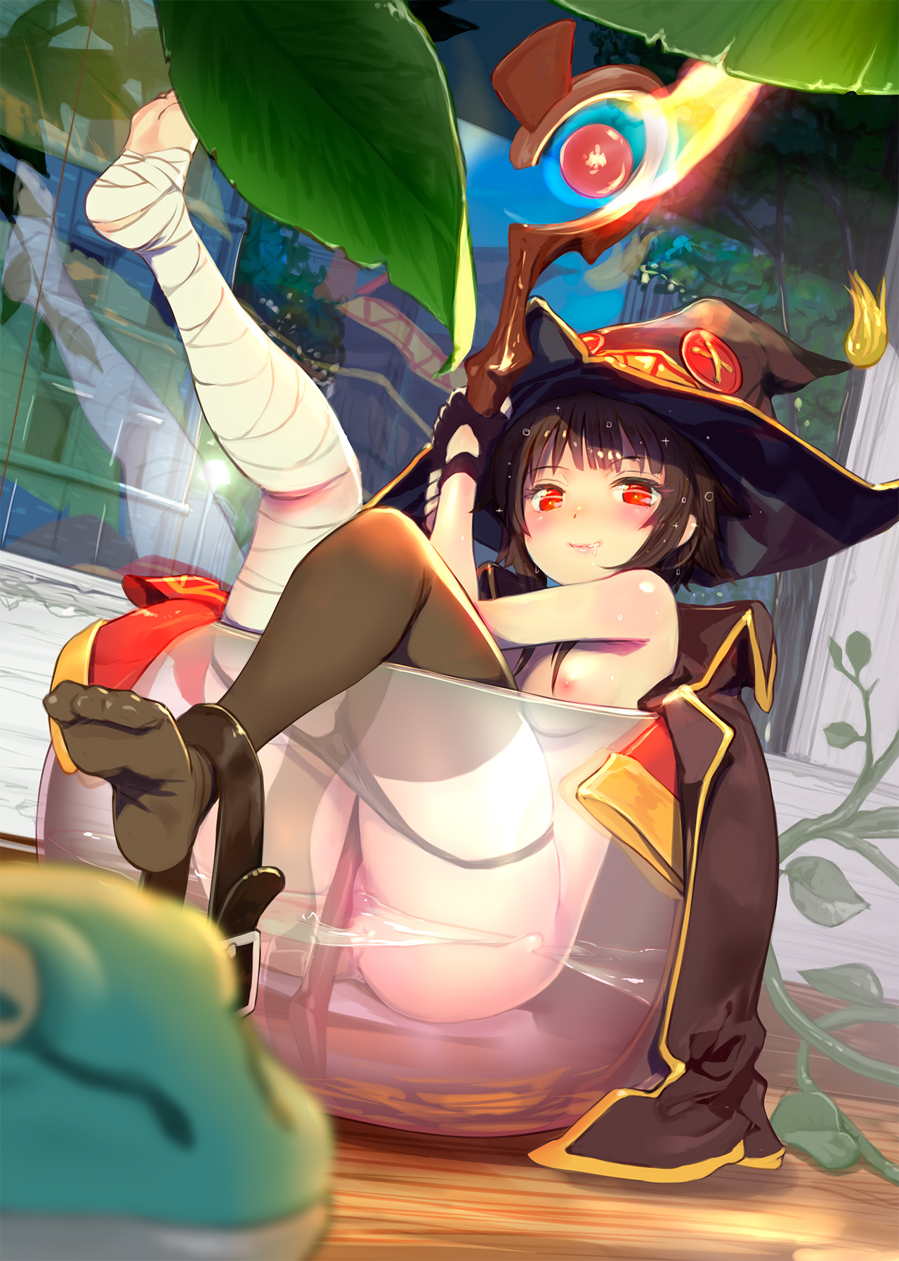 1girls, alcohol, asymmetrical legwear, bandages, belt, black panties, black socks, blush, breasts, brown hair, cape, convenient censoring, drunk, feet, female, hat, highres, kono subarashii sekai ni shukufuku wo!, legs, megumin, mikazuki akira, nipples, no shoes, panties, panty pull, red eyes, single thighhigh, sitting, smile, socks, soles, solo, staff, thigh socks, thighhighs, topless, underwear