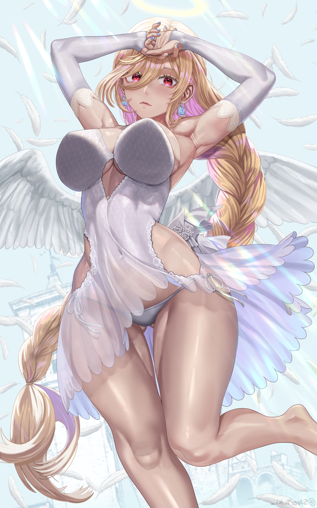 1girls, angel, angel wings, armpits, arms up, blonde hair, braid, breasts, dress, elbow gloves, feathers, female, flying, gloves, gradient hair, halo, highres, jewelry, large breasts, long hair, looking at viewer, original, panties, pink hair, red eyes, revealing clothes, silvertsuki, sky, solo, sunlight, wings