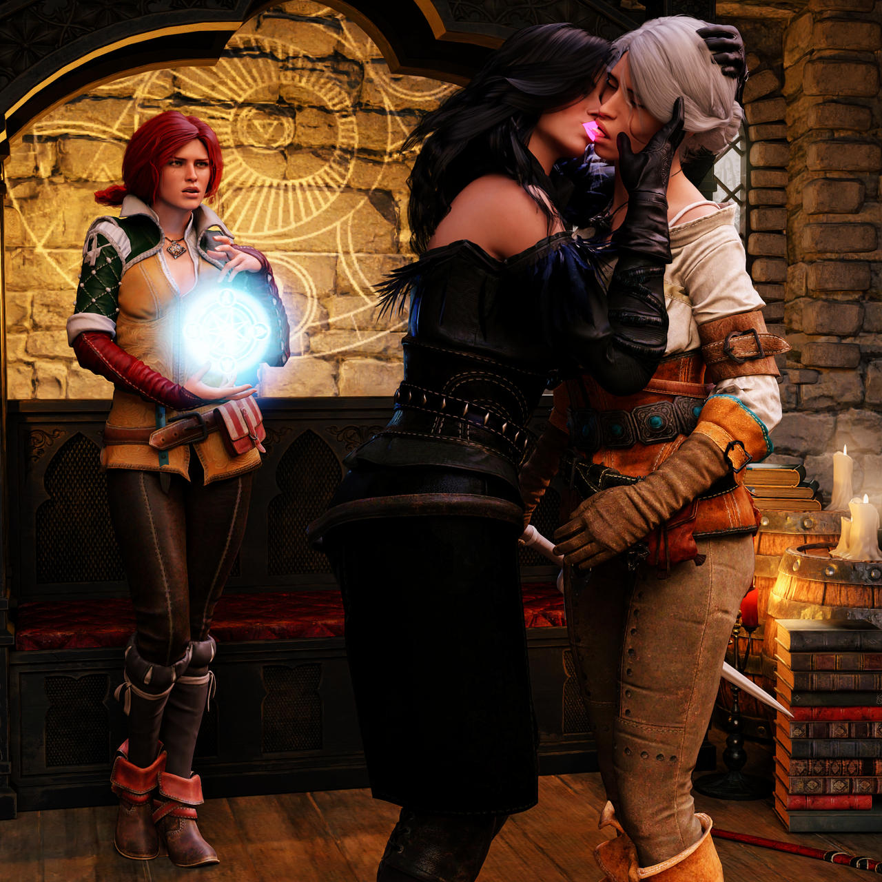 3d 3girls ciri female female_only hoebo24 kiss kissing the_witcher_3:_wild_hunt triss_merigold yennefer yuri