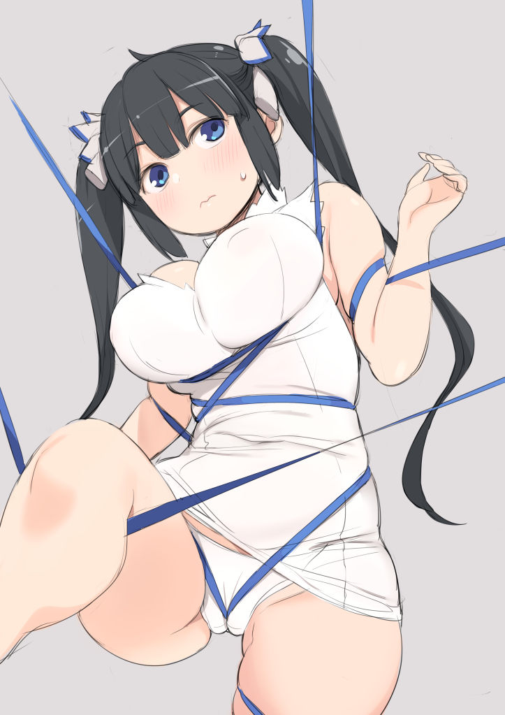 bare_shoulders black_hair blue_eyes blue_ribbon bondage bondage bound breasts cameltoe commentary_request covered_navel dress dungeon_ni_deai_wo_motomeru_no_wa_machigatteiru_darou_ka female grey_background hestia_(danmachi) jpeg_artifacts large_breasts leg_lift long_hair nora_higuma panties rei_no_himo ribbon ribbon_bondage short_dress simple_background solo sweatdrop twintails underwear wedgie white_dress white_panties