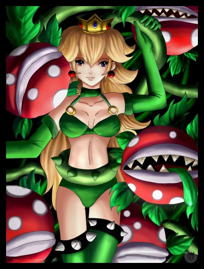 1girls bikini black_eyes blonde_hair breasts choker crown earrings gloves green_bikini green_swimsuit holding_vine long_hair looking_at_viewer mario_(series) medium_breasts navel nintendo o-ring o-ring_bikini o-ring_swimsuit piranha_plant plants princess_peach royalty sigurdhosenfeld swimsuit thighhighs vines