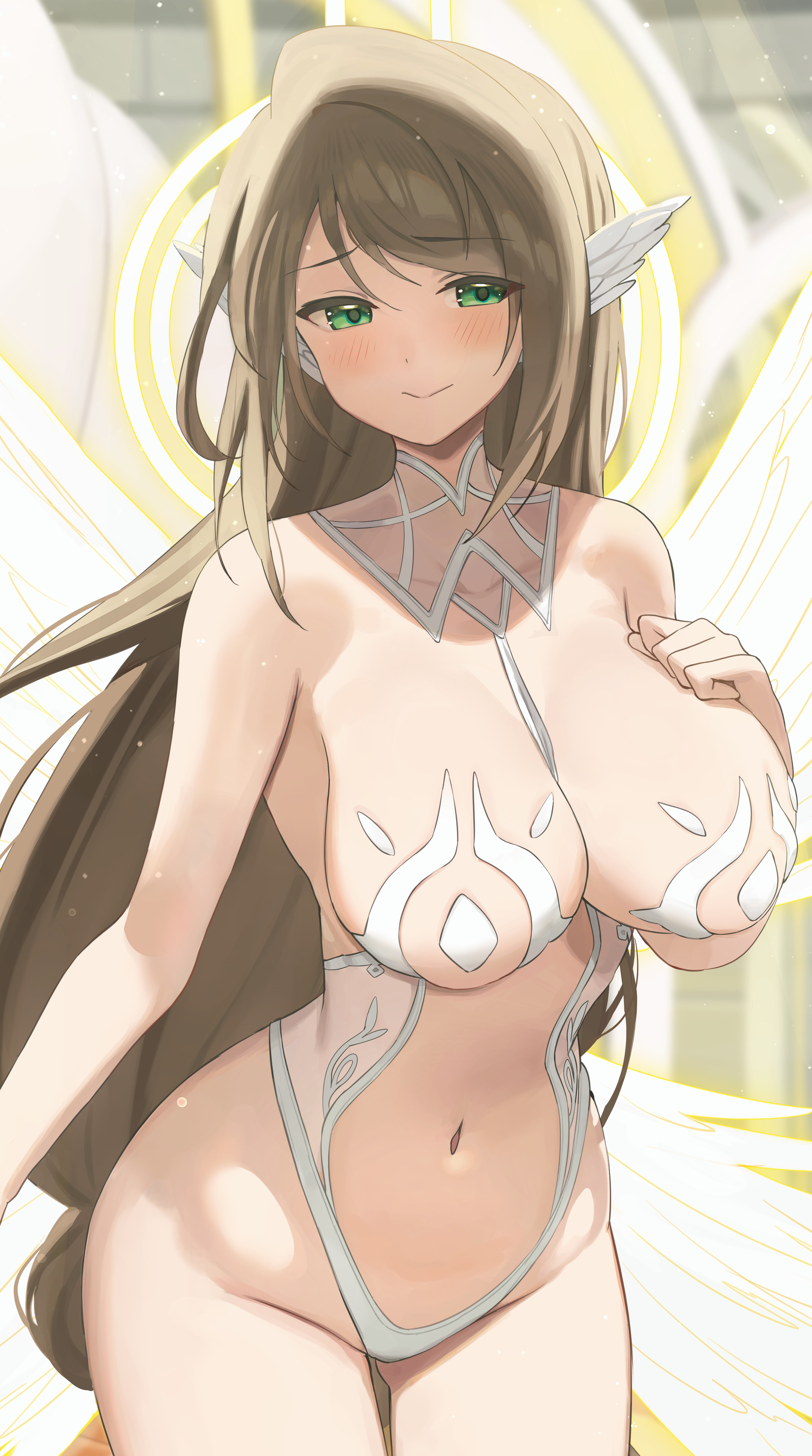 1girls, absurd res, angel, angel wings, bare arms, bare shoulders, barely clothed, blush, breasts, brown hair, cleavage, commission, curvaceous, curvy, female, green eyes, halo, highres, large breasts, leotard, light skin, light-skinned female, long hair, looking at viewer, navel, original, revealing clothes, smile, solo, stomach, twin (tt lsh), wings