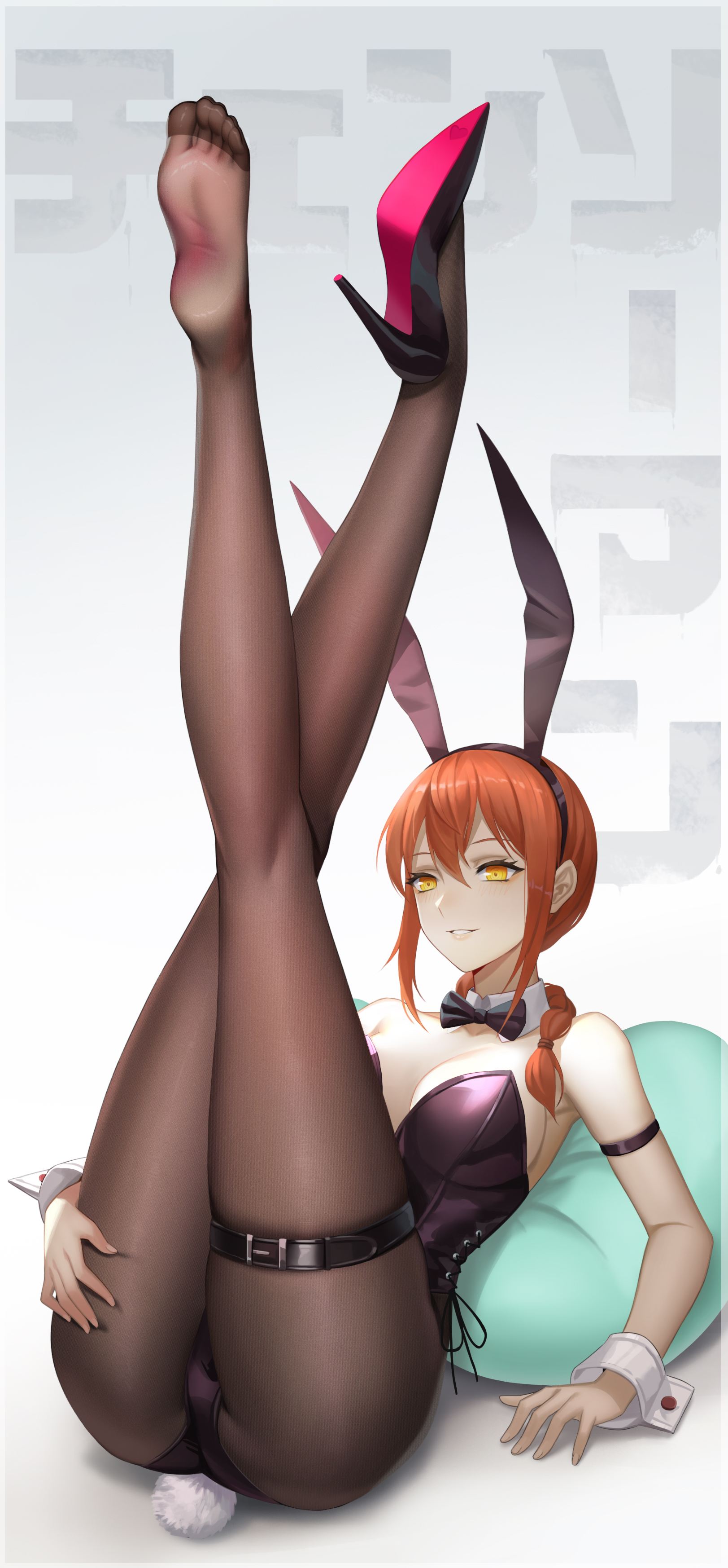 1girls, ass, braided hair, breasts, bunny ears, bunny tail, bunnysuit, chainsaw man, eye contact, feet, female, female only, high heels, leotard, long hair, looking back, makima (chainsaw man), mato (artist), pantyhose, red body, smile, solo, solo female, thighs, yellow eyes