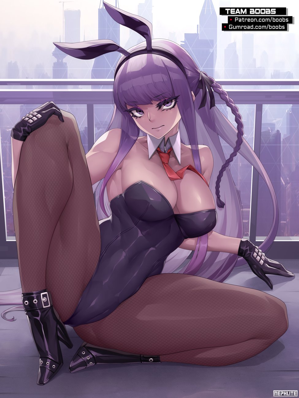 1girls, breasts, bunny ears, bunny girl, bunnysuit, cleavage, danganronpa, danganronpa 1, danganronpa: trigger happy havoc, female, female only, fishnet legwear, fishnet pantyhose, fishnets, kirigiri kyouko, large breasts, nephlite, pantyhose, solo, straight hair, thick thighs, thighs