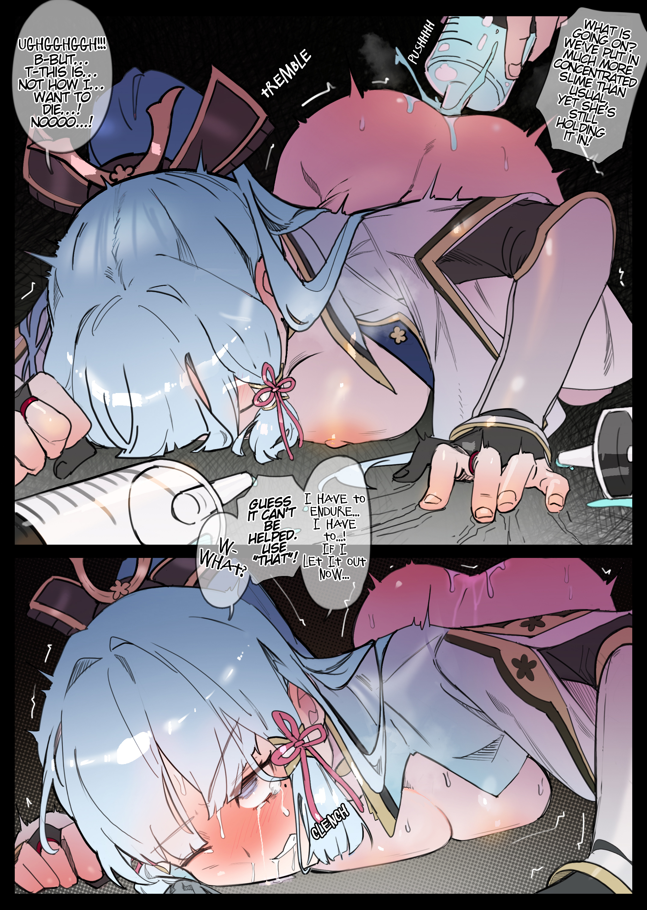 1girl, anal enema, blush, cleavage, clutched fists, comic, defeat, defeat sex, defeated, defeated female, defeated hero, english, english commentary, english dialogue, english language, english subtitles, english text, english translation, forced endurance, genshin impact, imminent rape, kamisato ayaka, light blue hair, liquid insertion, long hair, miwerjooggetser, multi panel, object insertion, open shirt, ponytail, slime, sound effects, speech bubble, stomach under clothes, sweat, tears, text, translated, uncensored