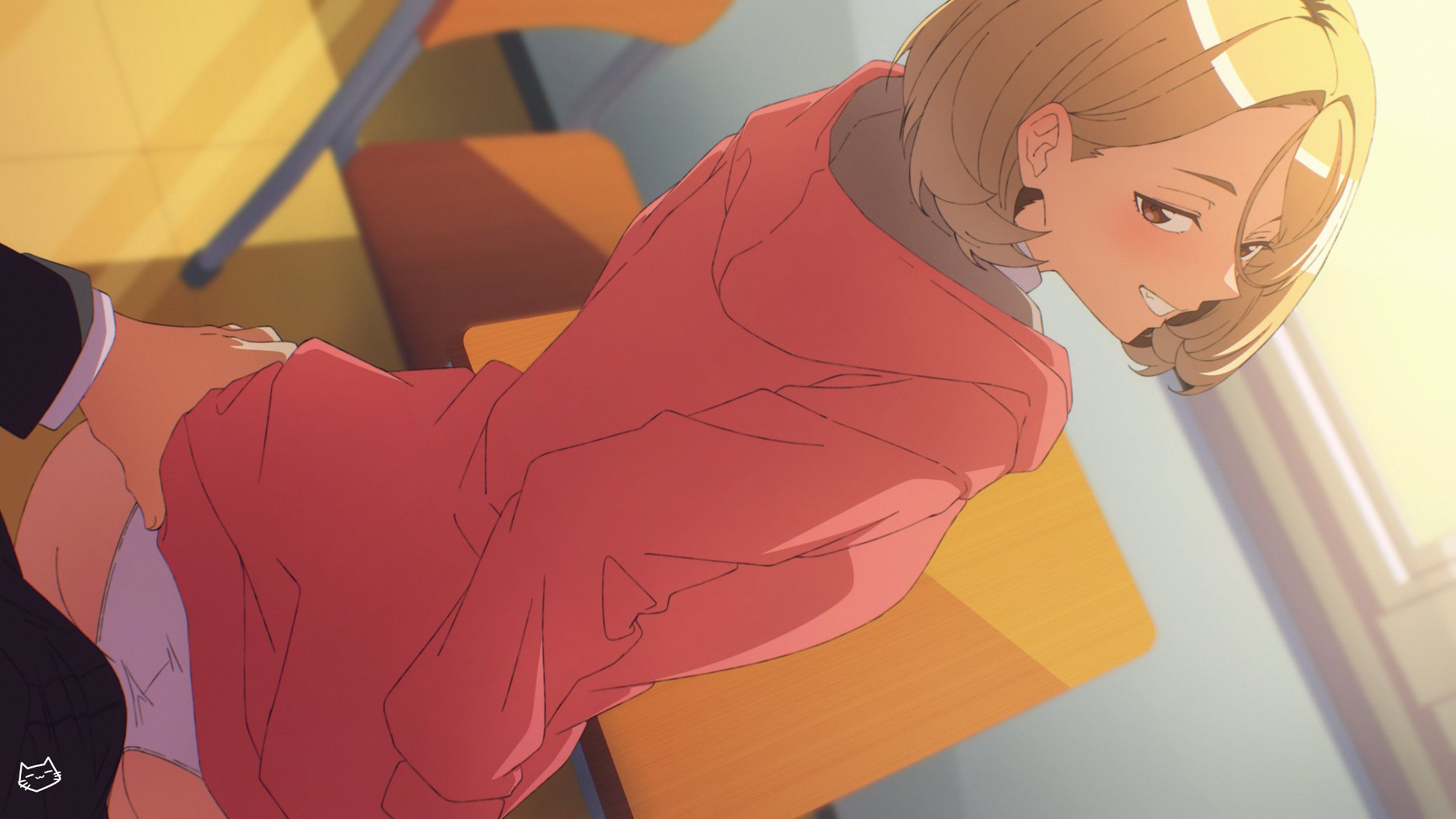 1boy, 1girls, brown eyes, classroom, desk, dry humping, faceless male, hood down, hoodie, keihh, kohinata poemu, panties, ponkotsu fuuki iin to skirt-take ga futekisetsu na jk no hanashi, short hair