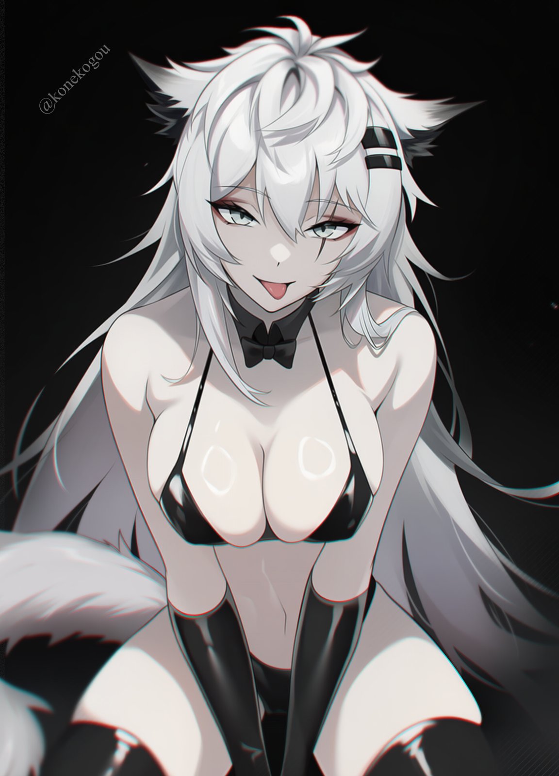 2d, animal ears, arknights, big breasts, bikini, bikini only, bowtie, female, female only, konekogou, lappland (arknights), latex gloves, long hair, looking at viewer, scar on face, tongue out, white hair