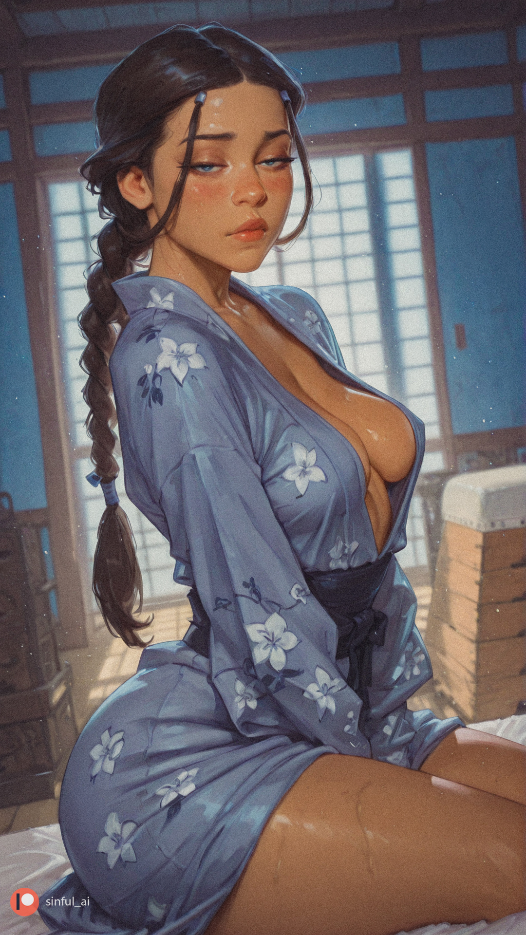 1girl, ai generated, aisinful, ass, avatar the last airbender, big ass, big boobs, big butt, blush, braid, breasts, brown hair, butt, cleavage, dark skin, dark-skinned female, female, floral print, hi res, japanese clothes, katara, kimono, large breasts, long hair, medium breasts, nickelodeon, single braid, sitting, smile, solo, thick thighs, thighs, wide hips