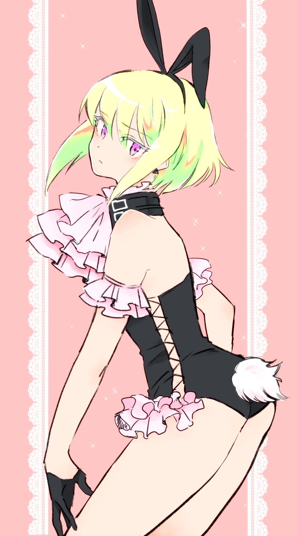 1boy, 1femboy, androgynous, ass, ass focus, blonde hair, blush, blushing, blushing at viewer, bob cut, bunny ears, bunny tail, bunnysuit, crossdressing, embarrassed, fake animal ears, fake tail, femboy, femboy only, feminine male, frills, leotard, lio fotia, looking at viewer, nervous, petite, petite body, petite male, pout, short hair, short male, shy, slim, slim male, slim waist, small waist, solo, twink