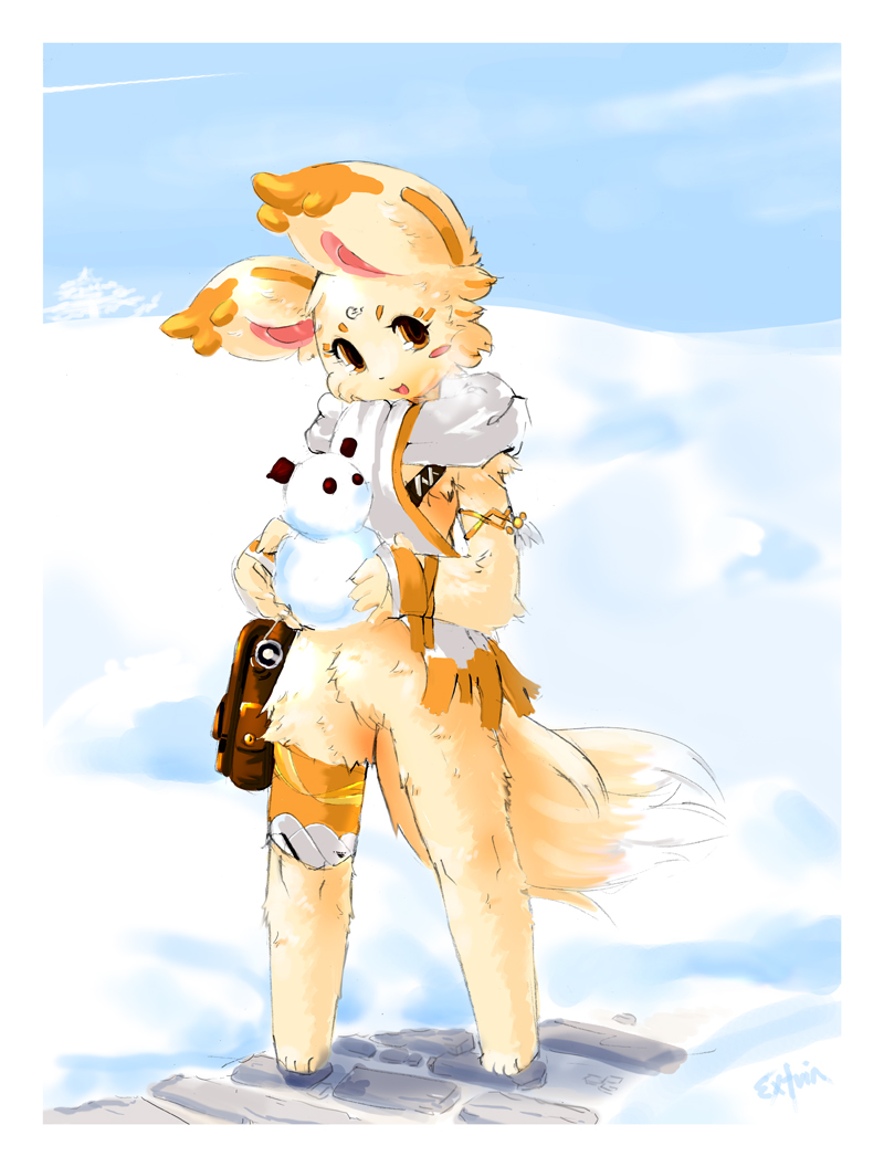 anthro blush brown_eyes extvia female fur furry lagomorph pose rabbit scarf short_fur smile snow solo tail tan