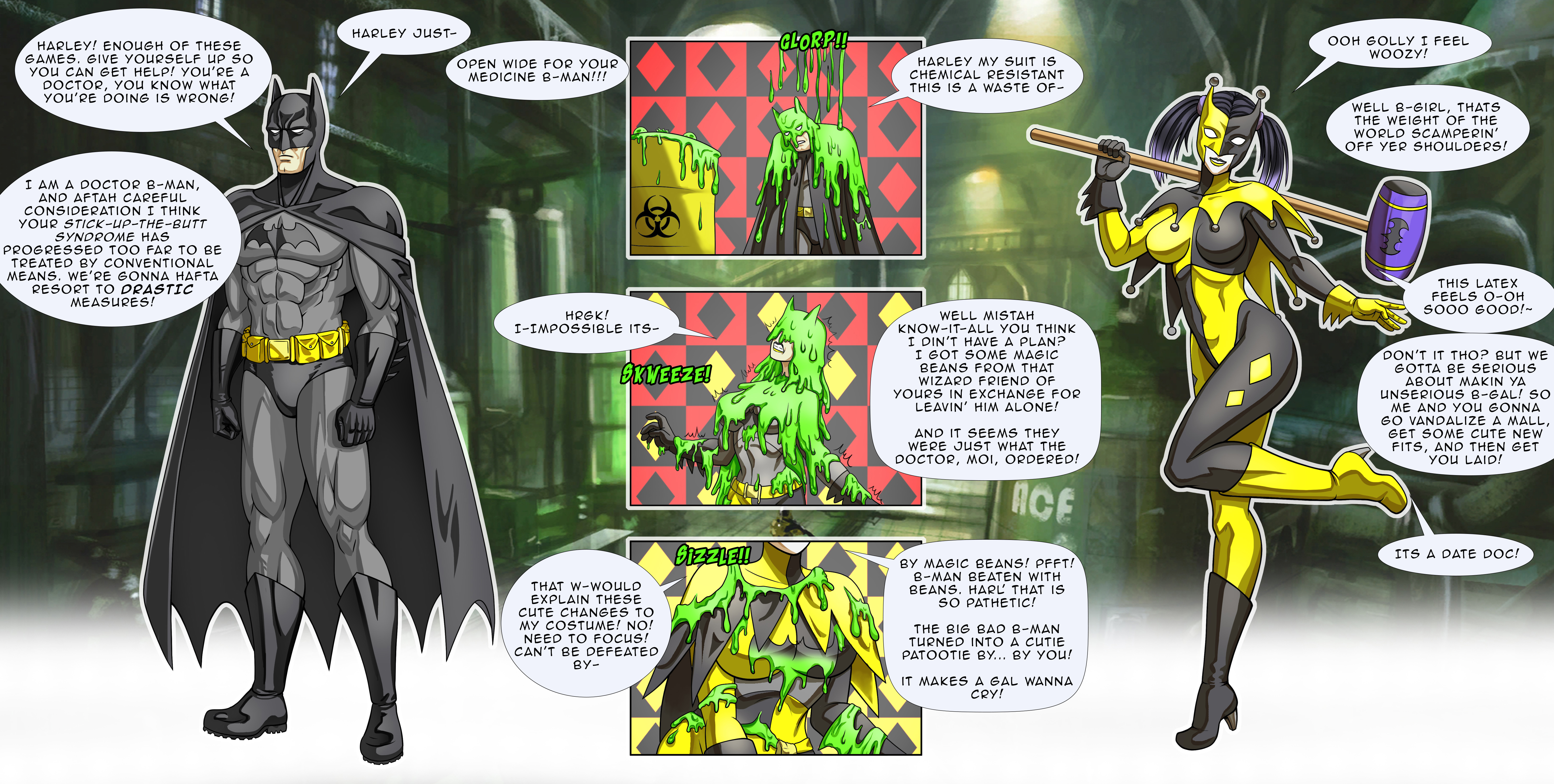 batman, batman (bruce wayne), batman (series), brain drain, brainwashing, breast expansion, breast growth, breast growth (enlargement), breasts, bruce wayne, bunny ears, cleavage, dc, dc comics, enemy conversion, english text, female, female focus, gender transformation, genderswap, genderswap (mtf), harley quinn, hypnosis, large breasts, mind control, mtf transformation, navel, personality change, quinnification, rule 63, speech bubble, text, the63rdrule, thick thighs, tight clothing, transformation, wide hips