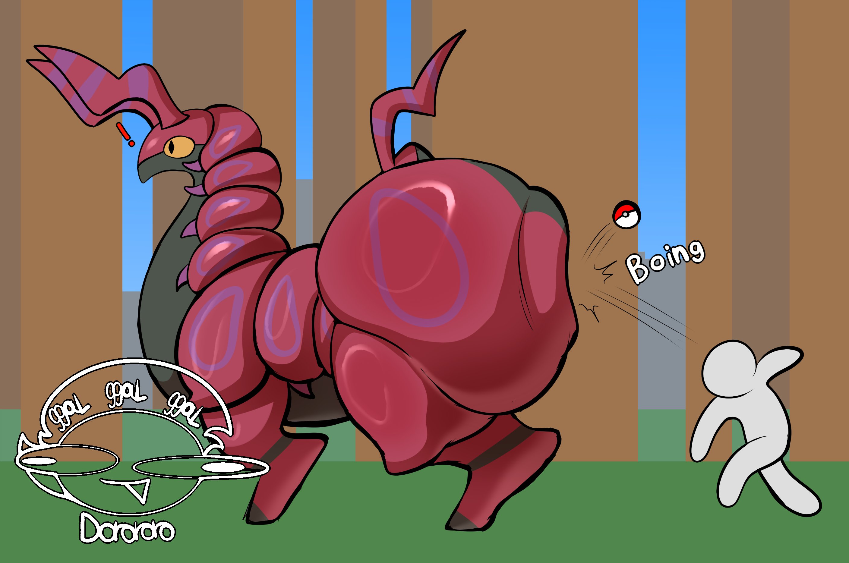 !, 1boy, ambiguous gender, arthropod, ass, ass bigger than head, babyhunt4, big ass, big butt, bottom heavy, bubble butt, curvaceous, curvy, curvy figure, english text, failed attempt, feral, game freak, huge ass, larger ambiguous, male, myriapod, nintendo, onomatopoeia, pokeball, pokemon, pokemon (species), rippling ass, scolipede, scut tail, side view, size difference, smaller male, tail, text, thick thighs, voluptuous, wide eyed, wide hips, yellow sclera, zoophilia