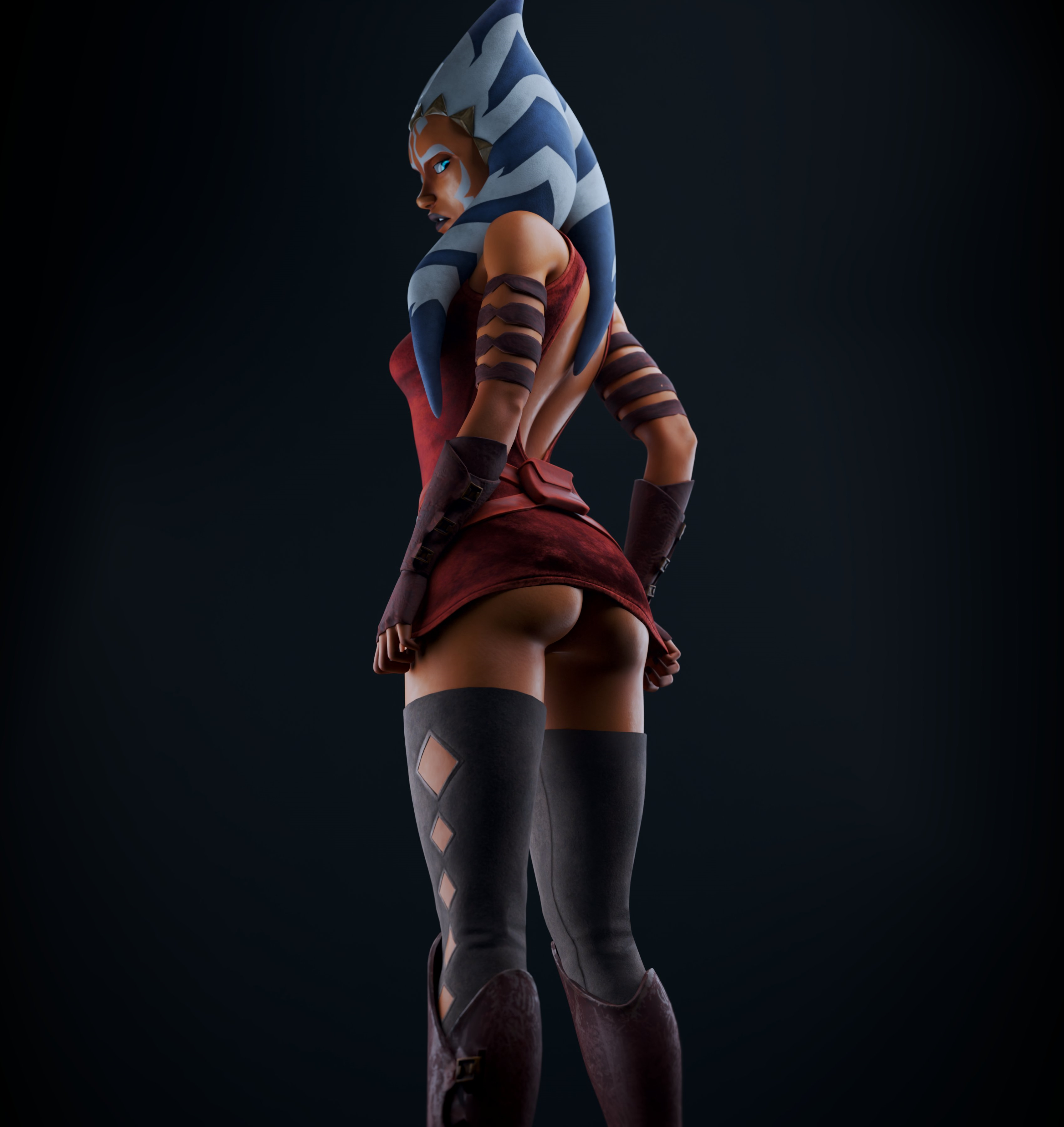1girls, 2026, 3d, 3d (artwork), ahsoka tano, airress3d (3d-modeller), alien, alien girl, alien humanoid, ass, athletic, athletic female, back view, big ass, blender, blue eyes, bubble ass, bubble butt, clone wars, clothed, clothing, dress, dress lift, face markings, facial markings, female, female focus, female only, hi res, high quality, high resolution, highres, jedi, legwear, lekku, lekku (anatomy), lucasfilm, lydas3d, orange body, orange skin, orange-skinned female, petite, petite body, petite female, pose, posing, presenting, presenting ass, showing off, simple background, slim waist, star wars, thick ass, thick thighs, togruta, topwear, viewed from behind, watermark