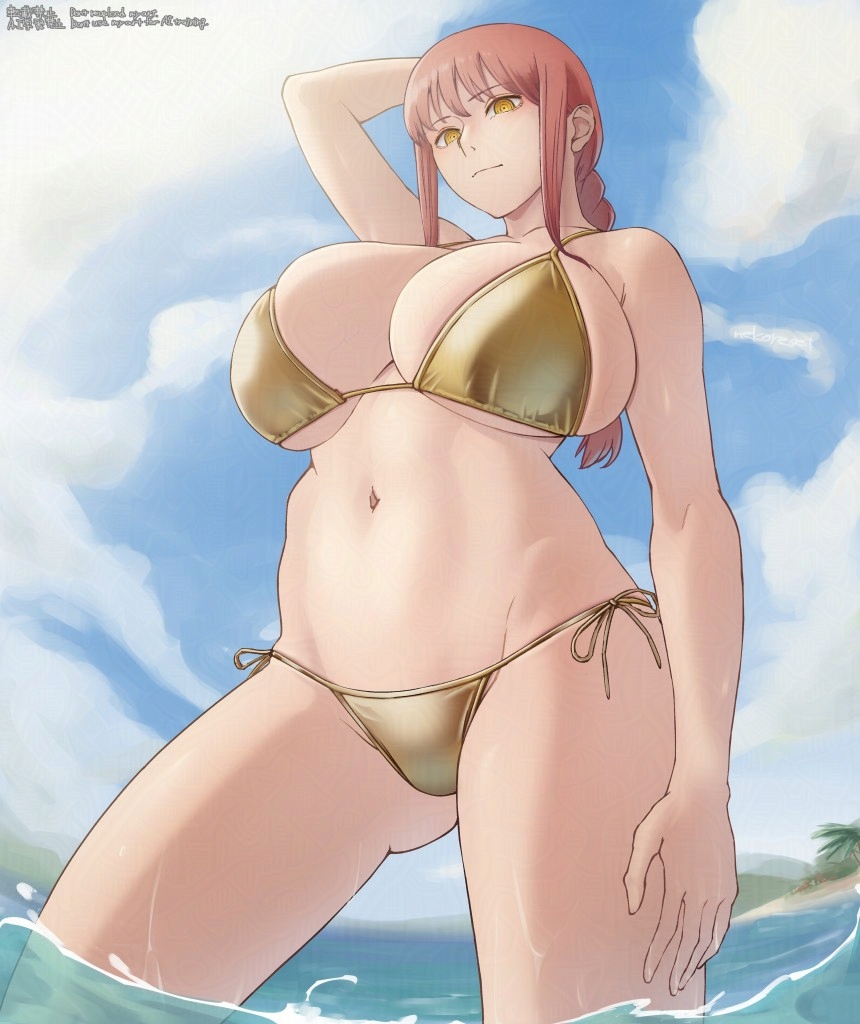 beach, big boobs, big breasts, big tits, chainsaw man, female, female only, golden bikini, golden week, makima (chainsaw man), nekoreset13, only female, pose, red hair, sexy body, sexy female, sexy pose, swimsuit, voluptuous, voluptuous female