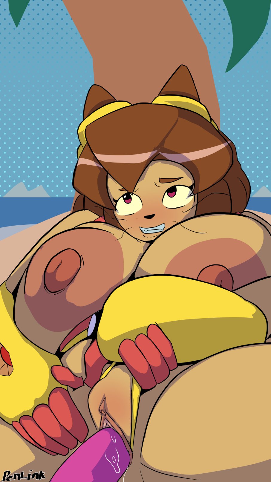 1girl, breasts, clothing cutout, clothing removed, deep penetration, dildo, dildo in pussy, female, gameoverse, glitch productions, huge breasts, kit (gameoverse), masturbation, outdoors, palm tree, penlink, sex toy, solo, tagme, vaginal penetration