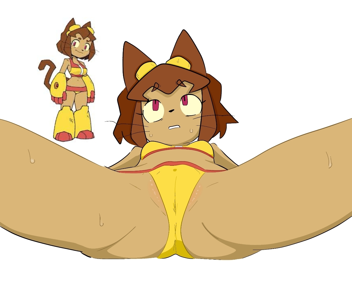 1girls, 2d, ass, brown hair, butt, cat ears, cat girl, cat tail, drawing, drawn, female, female focus, female only, gameoverse, kit (gameoverse), kittycat828, pink eyes, pussy, short hair, simple background, small breasts, solo, solo female, solo focus, swimsuit, thick thighs, white background, yellow bikini