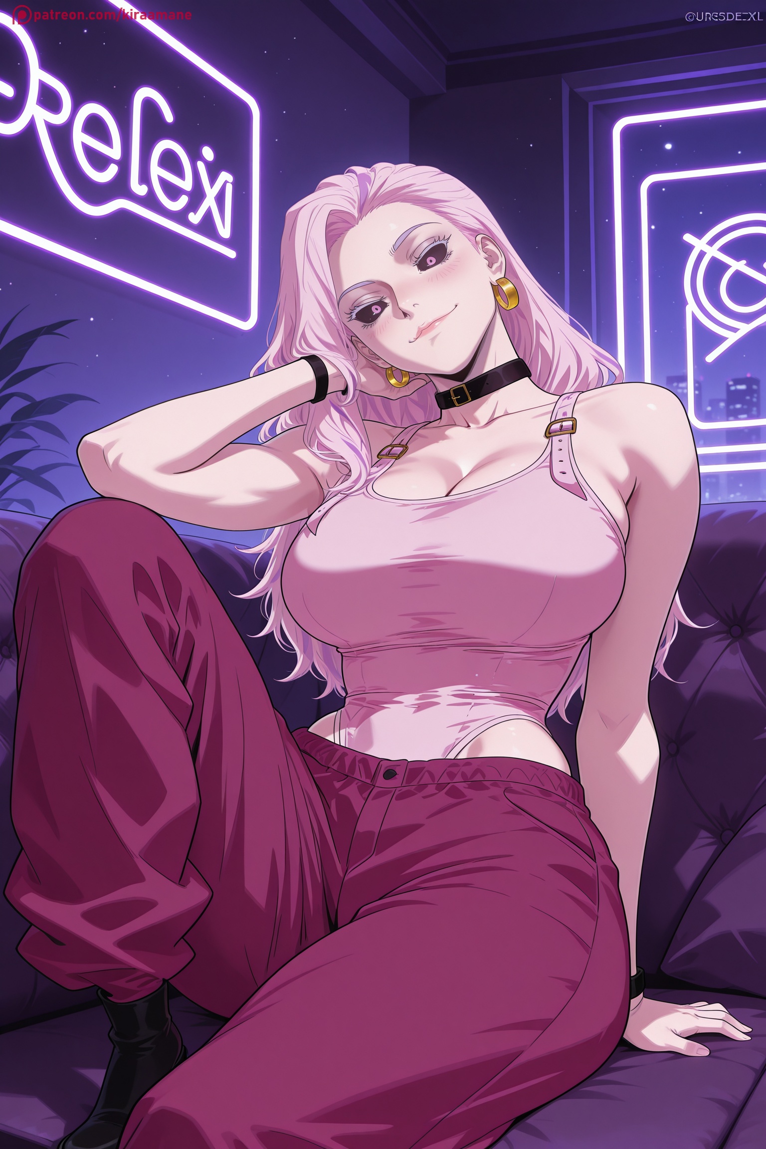 1girl, ai generated, artist name, bracelet, breasts, choker, cleavage, culling games arc (jujutsu kaisen), earrings, hi res, high quality, high resolution, jewelry, jujutsu kaisen, kiraamane, large breasts, lips, long hair, looking at viewer, mole, pants, patreon, pink eyes, pink hair, pink pants, seductive, sexy, sitting, smile, solo, uncensored, uro takako, watermark