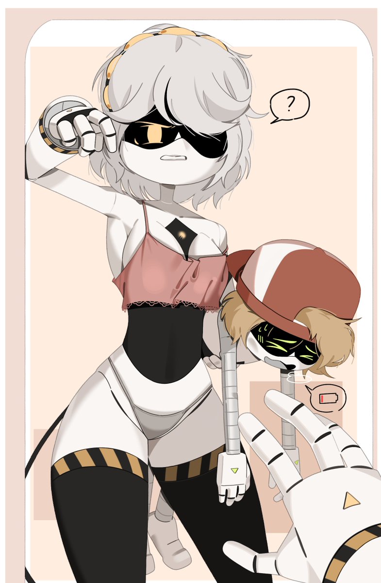 1boy, 1girls, angry, bed, blonde hair, cap, clothing, female, glitch productions, male, monsterdude15, murder drones, robot, robot girl, size difference, tagme, thad (murder drones), v (murder drones), white hair