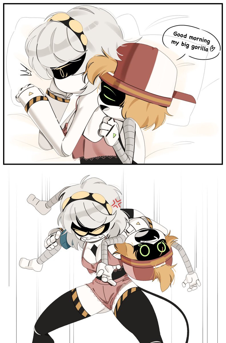 1boy, 1girls, angry, bed, blonde hair, cap, clothing, female, glitch productions, male, monsterdude15, murder drones, robot, robot girl, scared, tagme, thad (murder drones), torture rack, v (murder drones), white hair