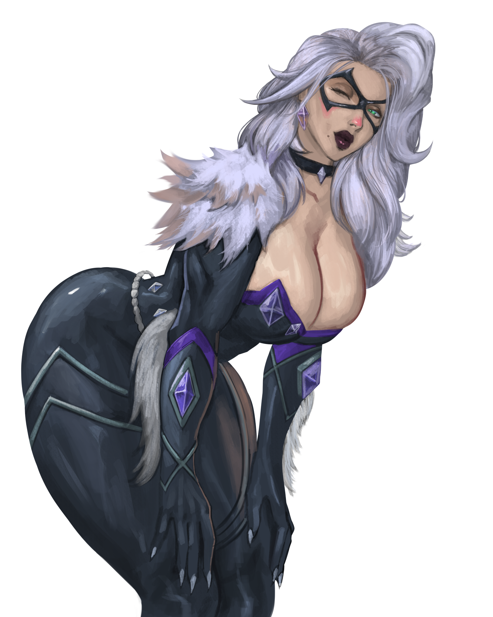 1girls, 2026, 2d, alluring, big breasts, black cat (marvel rivals), black cat (marvel), bodysuit, breasts, bursting breasts, choker, clothed, collar, color, colored, curvaceous, curvaceous body, curvaceous female, curvaceous figure, curvaceous hips, curvy, curvy body, curvy female, curvy figure, curvy hips, domino mask, earrings, enticing, eyemask, felicia hardy, female, female only, fully clothed, green eyes, hips, huge breasts, large breasts, light-skin, light-skinned female, looking at viewer, marvel, marvel comics, marvel rivals, mask, masked, masked female, massive breasts, palemancer, pinup, red lipstick, seducing, seductive, seductive look, seductive pose, shiny lips, skin tight, solo, solo female, spider-man (series), superheroine, teasing, teasing viewer, temptation, tempting, tempting viewer, thick, thick breasts, thick hips, thick lips, thick thighs, thief, tight clothes, tight clothing, voluptuous, voluptuous female, white background, white fur, white hair, wide hips, wink, winking, winking at viewer