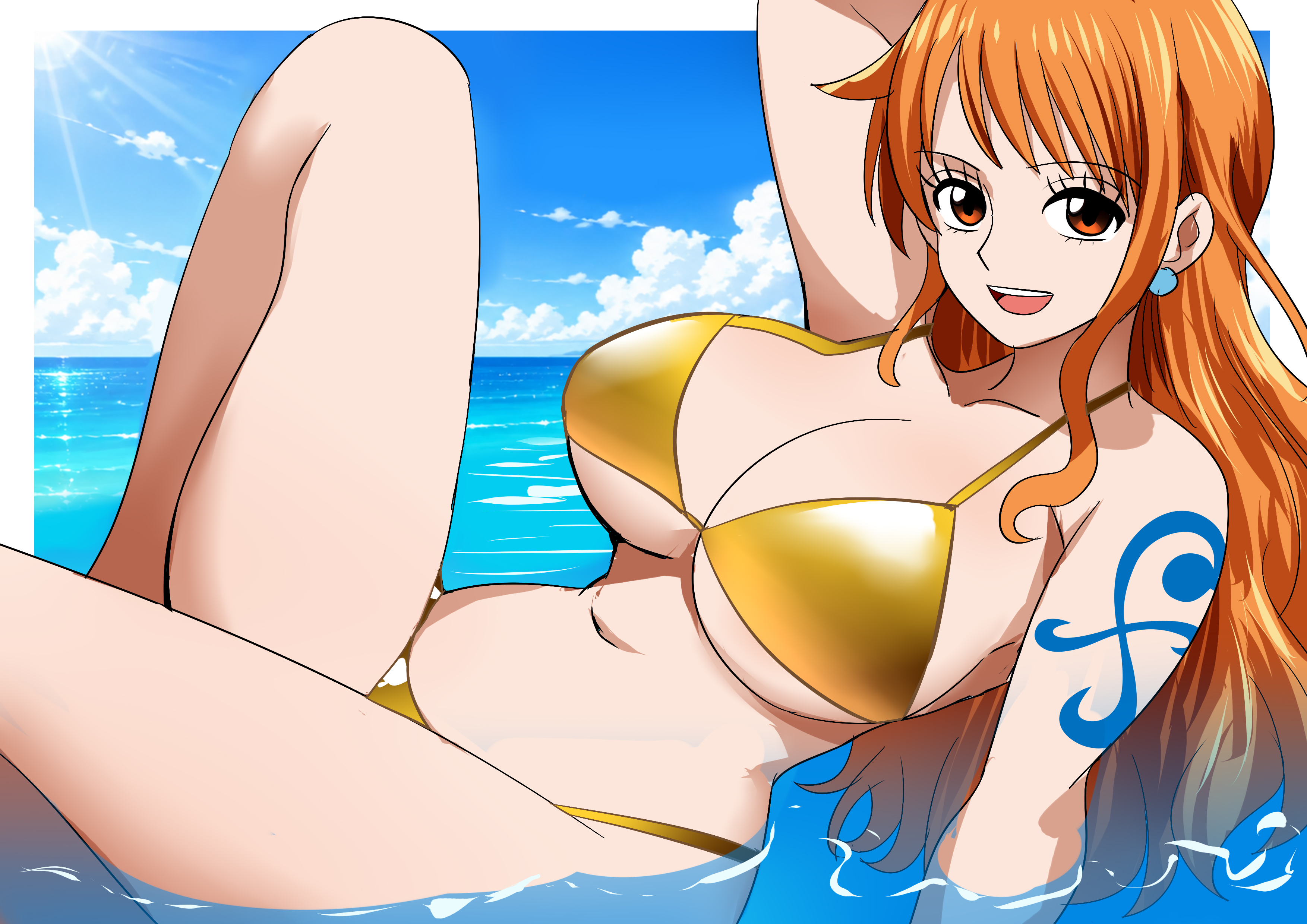 1girls, arm support, arm tattoo, arms behind head, bikini, blue tattoo, blush, degamishiro, female, female only, gold bikini, golden bikini, huge breasts, looking at viewer, nami (one piece), ocean, one piece, orange hair, orange-haired female, partially submerged, smile, soaking, solo, tattoo, thick thighs, upper teeth, water, wide hips